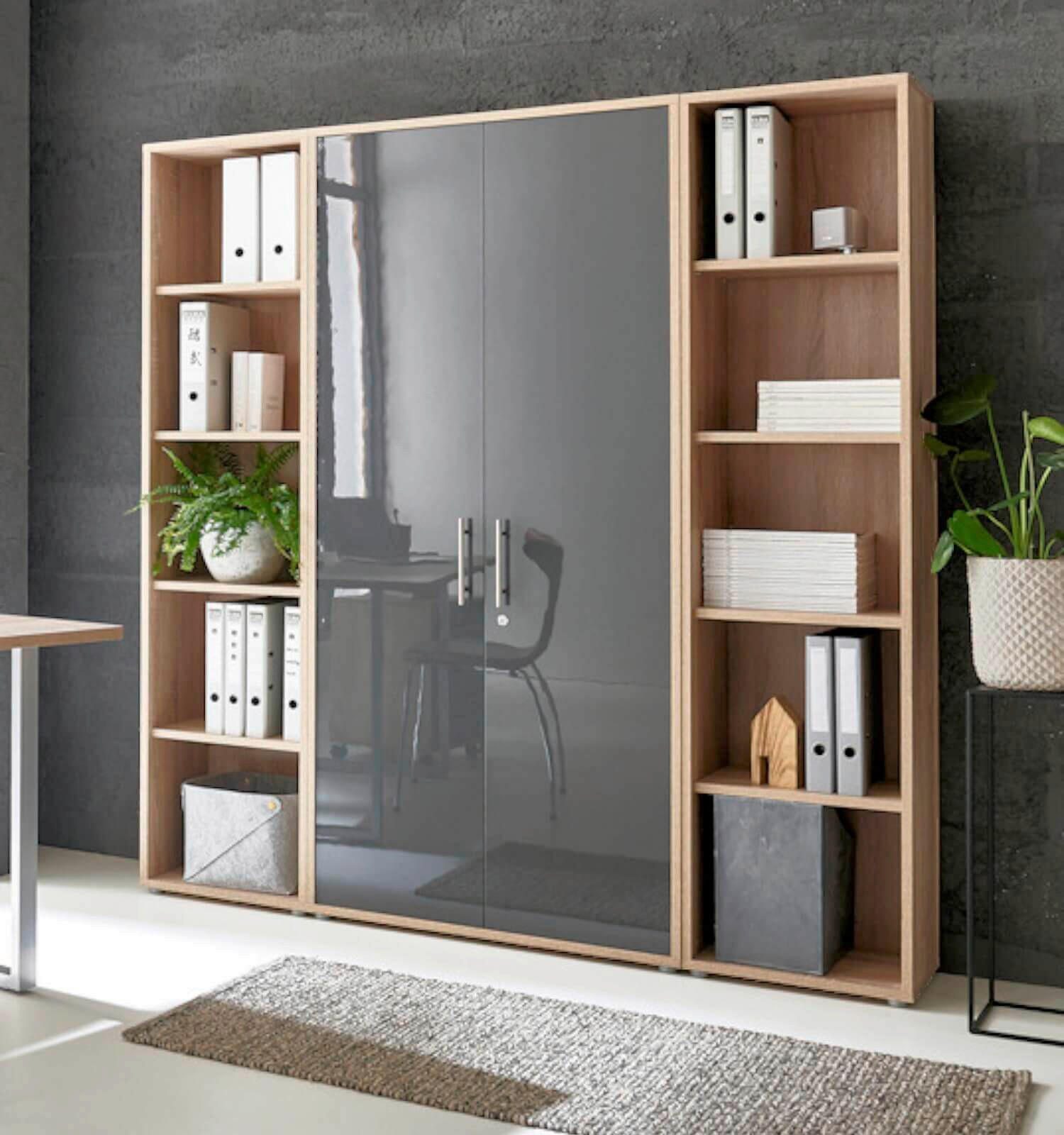 Thumbnail - Mid.you Büro, Sonoma Eiche, Anthrazit Hochglanz, Metall, Holzwerkstoff, 6,12 Fächer, 3 Schubladen, Made in Germany, erwe...