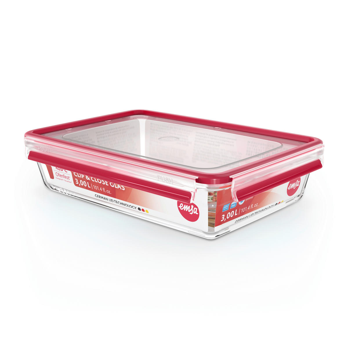 FRISCHHALTEDOSE CLIP & CLOSE GLAS 3,0 L  - Rot, Basics, Glas/Kunststoff (32,8/22,8/8cm) - Emsa