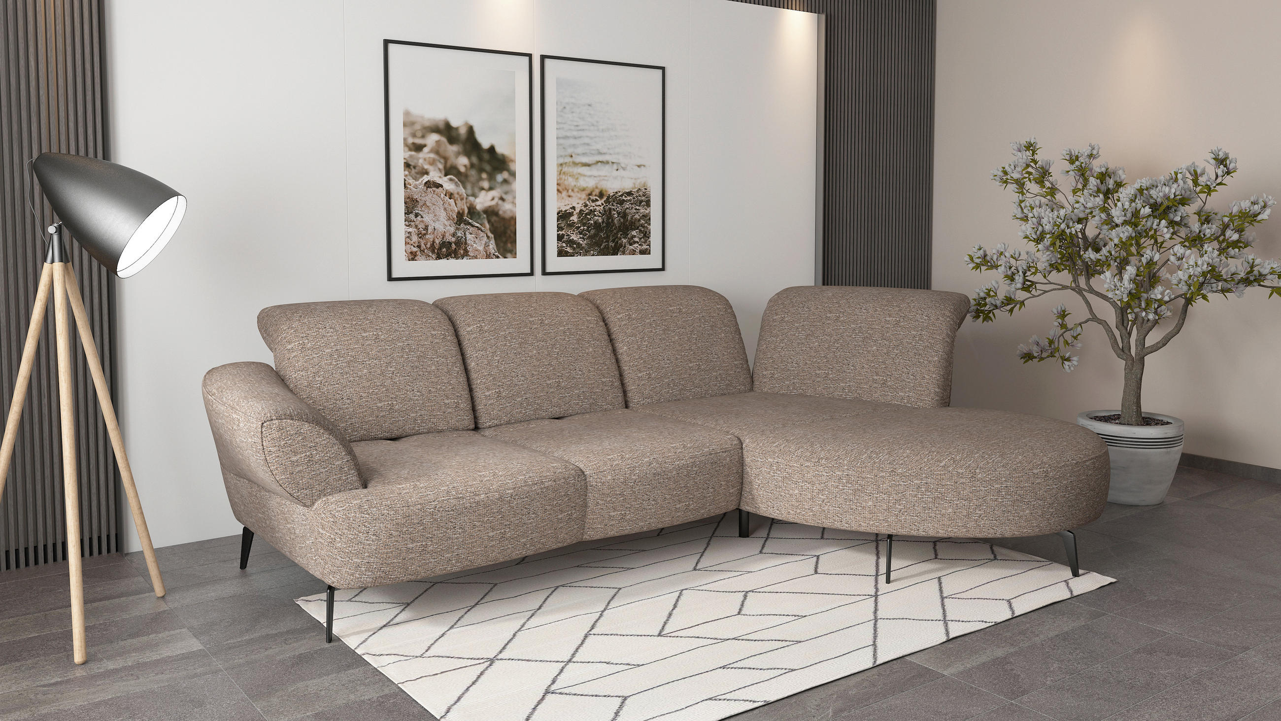 ECKSOFA DANCE E Cappuccino Chenille  - Schwarz/Cappuccino, MODERN, Textil/Metall (313/208cm) - Sit & More