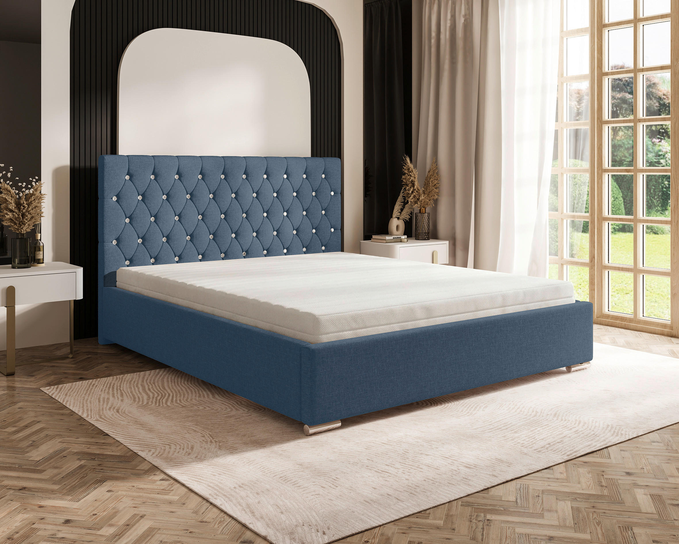 POLSTERBETT 200/200 cm,  in Dunkelblau, gepolstertes Kopfteil, Lattenrost, Bettkasten,  - Chromfarben/Schwarz, MODERN, Holz/Kunststoff (200/200cm) - Chameo