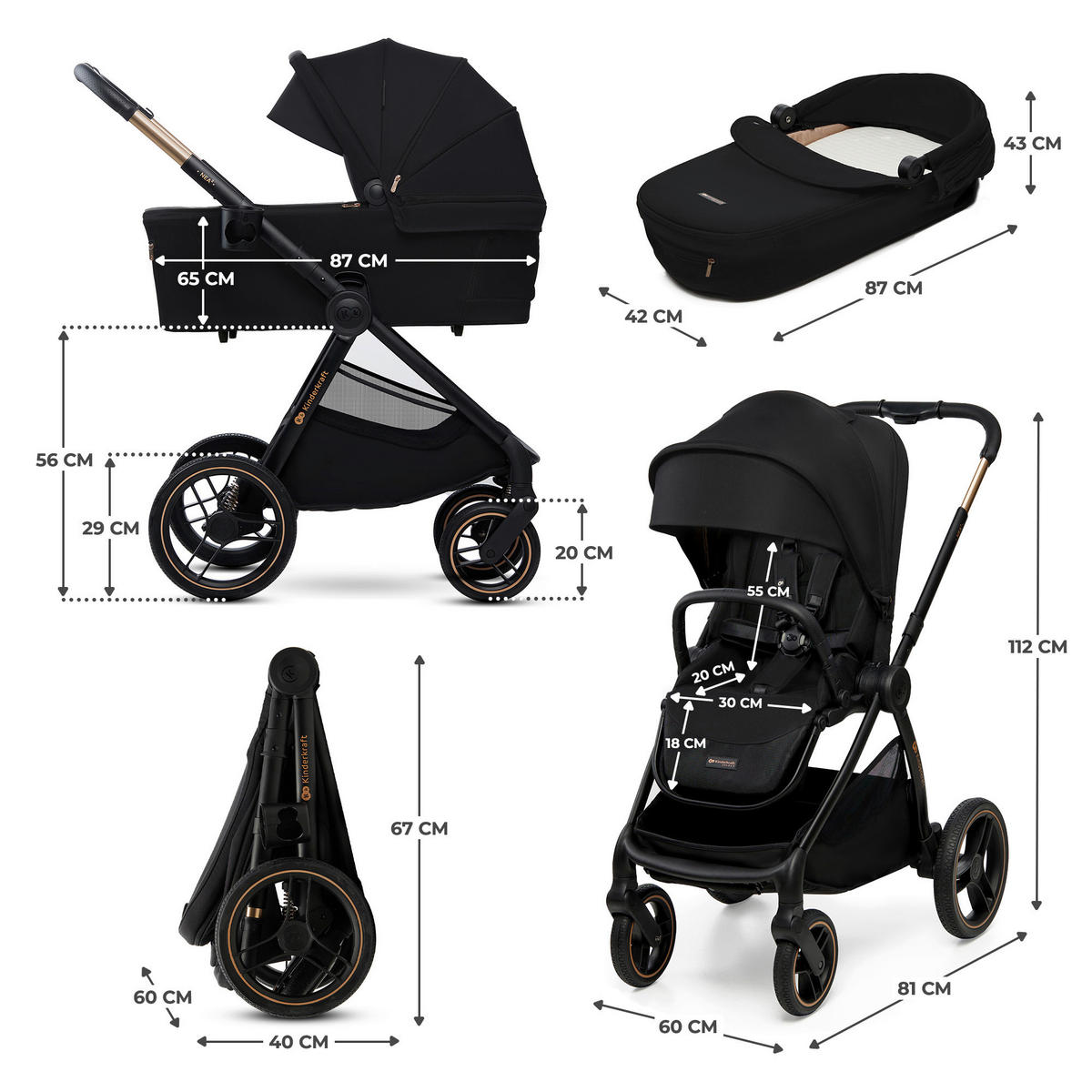 KINDERWAGENSET Nea 2  - Schwarz Hochglanz/Schwarz, Basics, Kunststoff/Textil (81/60/112cm) - Kinderkraft