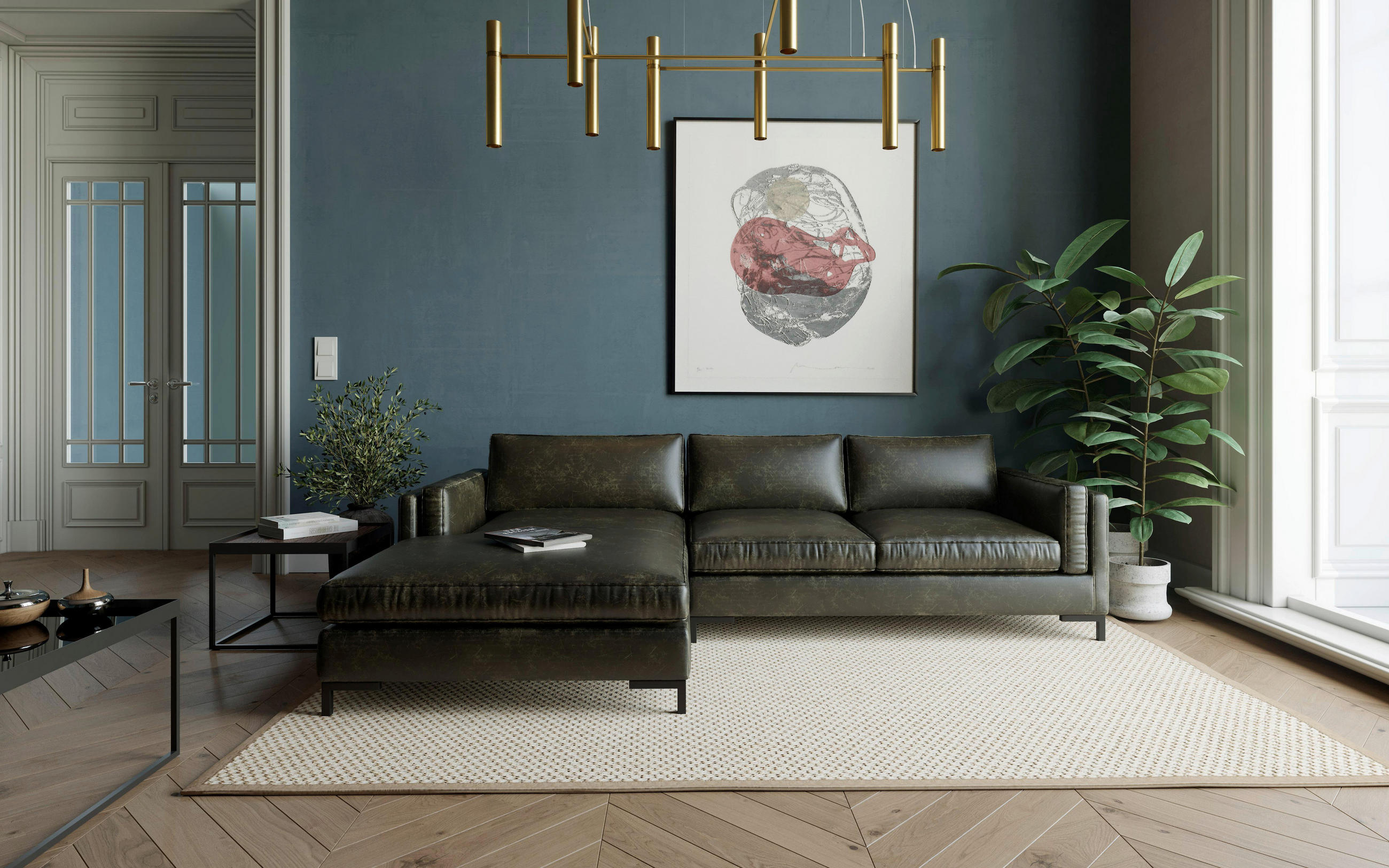 ECKSOFA in Lederlook, Flachgewebe Olivgrün  - Schwarz/Olivgrün, Design, Textil/Metall (160/265cm) - Livetastic