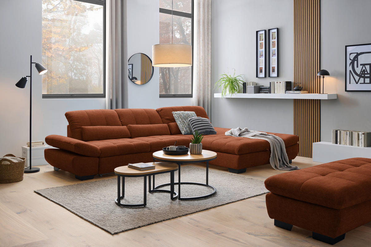 ECKSOFA  in Flachgewebe Rostfarben  341/204 cm  - Rostfarben/Schwarz, Design, Textil/Metall (341/204cm) - Xora