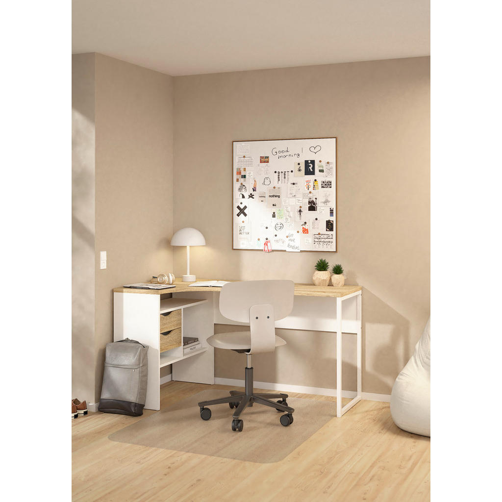 Thumbnail - Mid.you Eckschreibtisch, Weiß, Eiche, Holzwerkstoff, Holzoptik, 2 Schubladen, rechteckig, Kufe, 81x76.8x145.1 cm, Arbeit...
