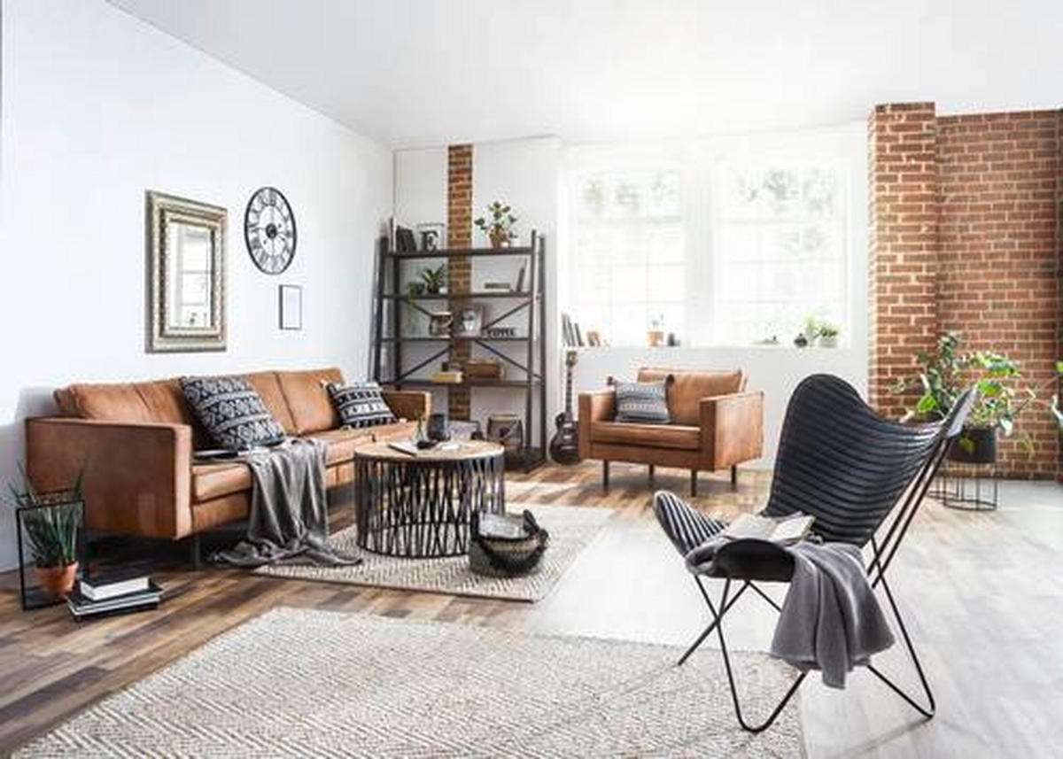 SESSEL Kombination Echtleder/Stoff Mikrofaser Cognac    - Cognac/Schwarz, Design, Leder/Textil (105/85/86cm) - Ambia Home