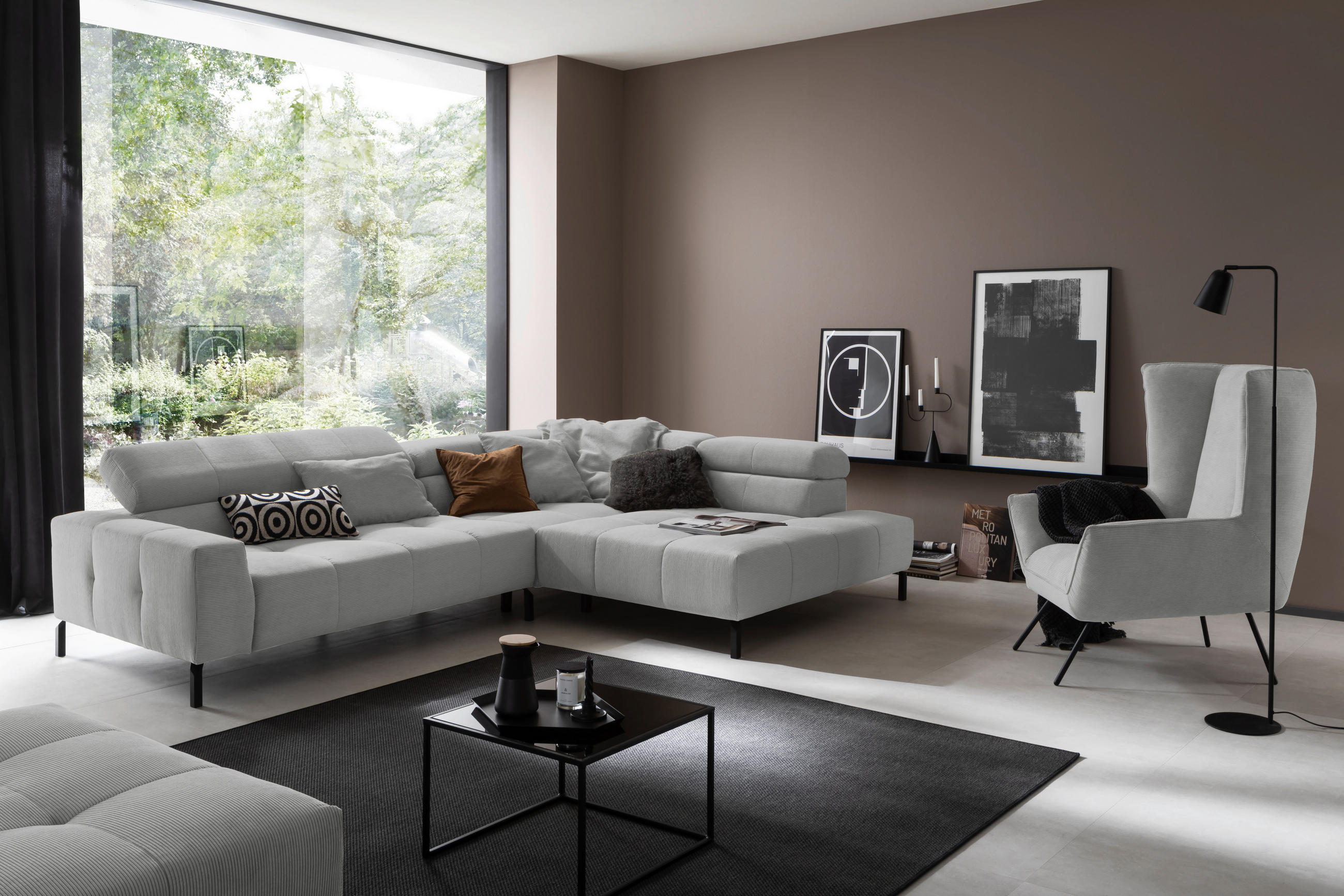 ECKSOFA in Feincord Grau  - Schwarz/Grau, Konventionell, Textil/Metall (311/219cm) - Hom`in