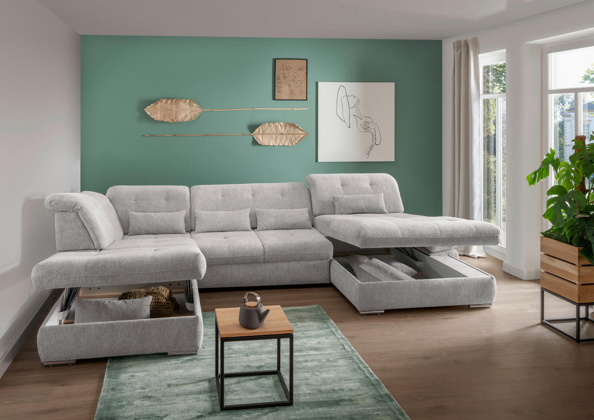 WOHNLANDSCHAFT in Chenille Grau  - Chromfarben/Grau, MODERN, Textil/Metall (254/376/195cm) - Livetastic