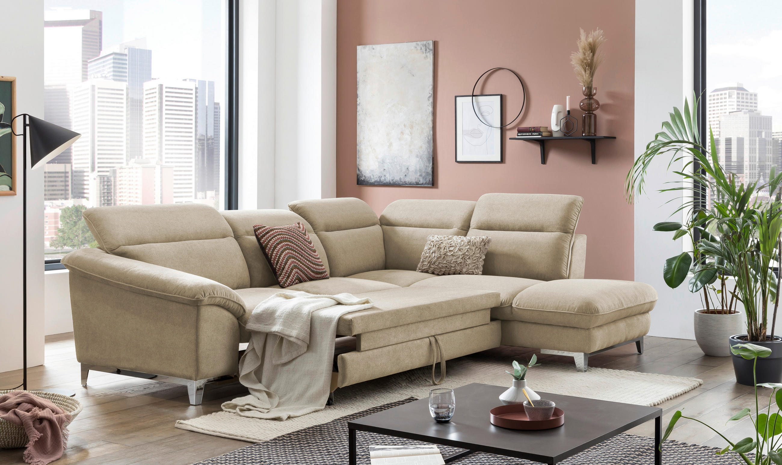 ECKSOFA Beige Chenille  - Chromfarben/Beige, Design, Textil/Metall (293/232cm) - Livetastic