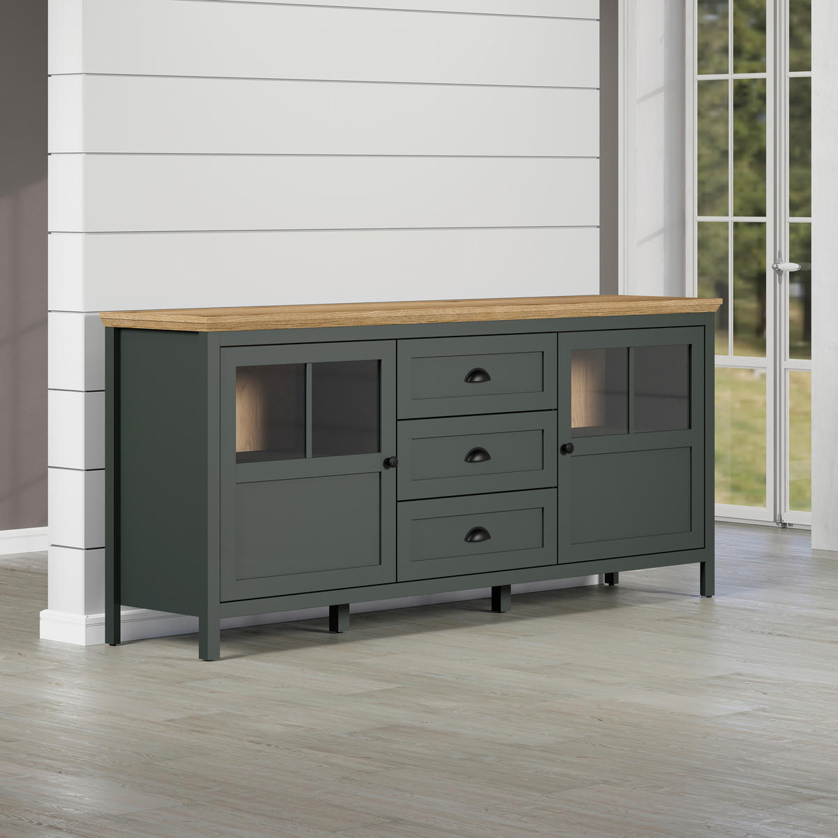 SIDEBOARD STANTON 185/86/45 cm 3 Schublade(n)  - Waldgrün/Schwarz, Design, Glas/Holzwerkstoff (185/86/45cm) - MID.YOU