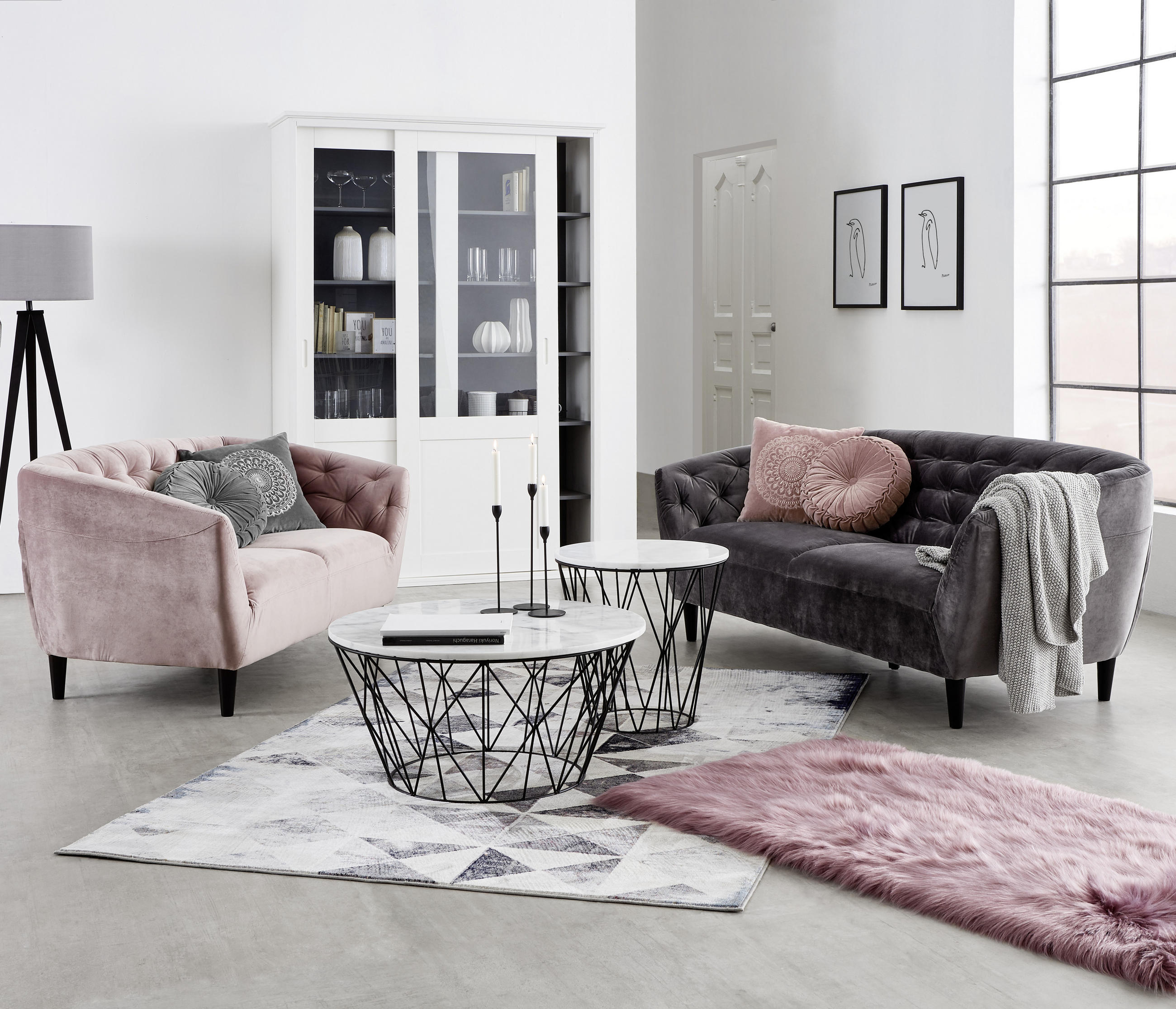 CHESTERFIELD-SOFA Rosa Samt  - Schwarz/Rosa, Trend, Holz/Textil (191/78/84cm) - Ambia Home