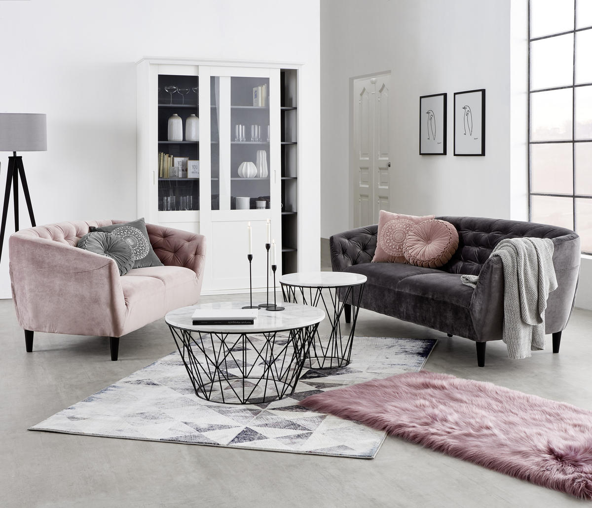 CHESTERFIELD-SOFA in Samt Rosa  - Schwarz/Rosa, Trend, Holz/Textil (191/78/84cm) - Ambia Home