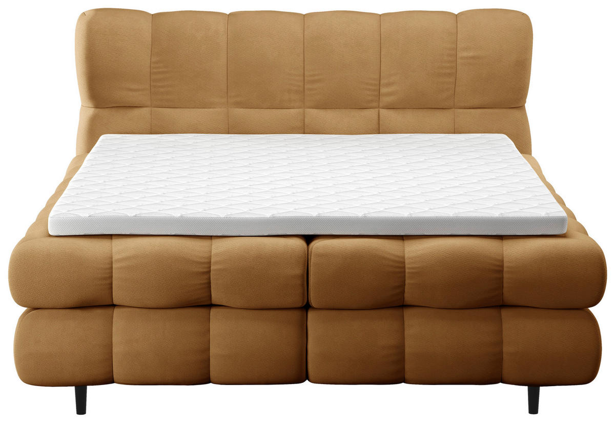 BOXBETT 160/200 cm,  in Goldfarben, gepolstertes Kopfteil, Bettkasten, Topper, H3 + H3 = fest  - Goldfarben/Schwarz, Design, Textil/Metall (160/200cm) - Ti'me