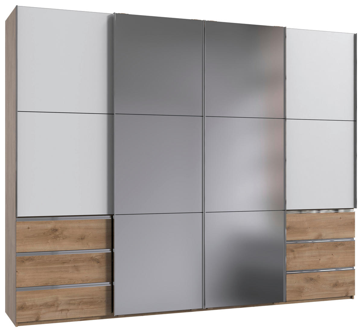 SCHWEBETÜRENSCHRANK 300/236/65 cm 4-türig Weiß, Plankeneiche  - Chromfarben/Plankeneiche, MODERN, Glas/Holzwerkstoff (300/236/65cm) - MID.YOU