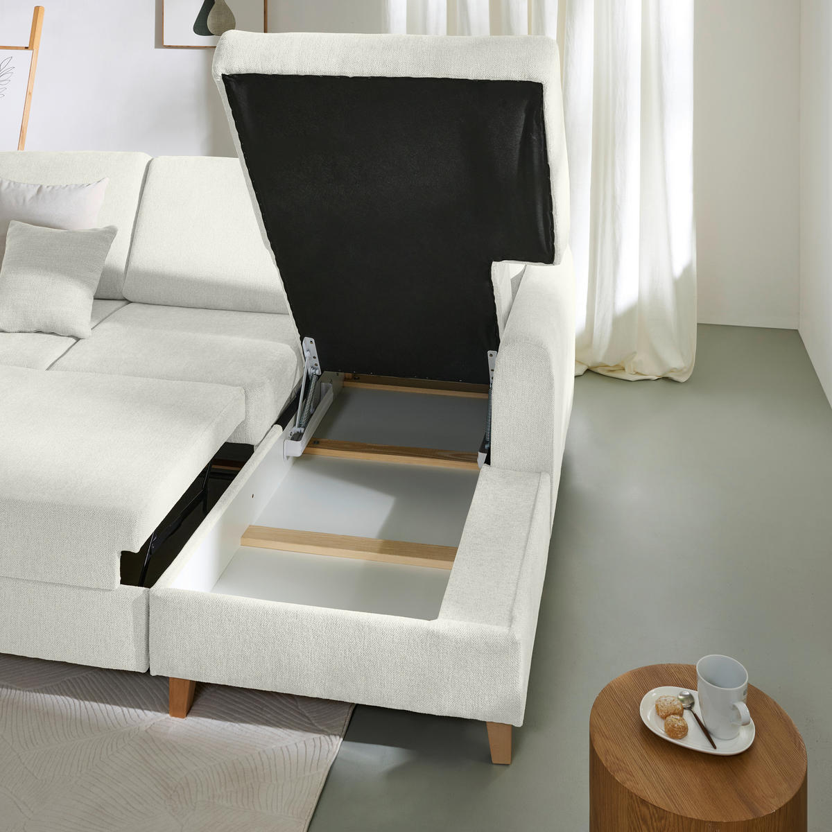 ECKSOFA Hellgrau Flachgewebe  - Buchefarben/Hellgrau, KONVENTIONELL, Holz/Textil (241/166cm) - Carryhome