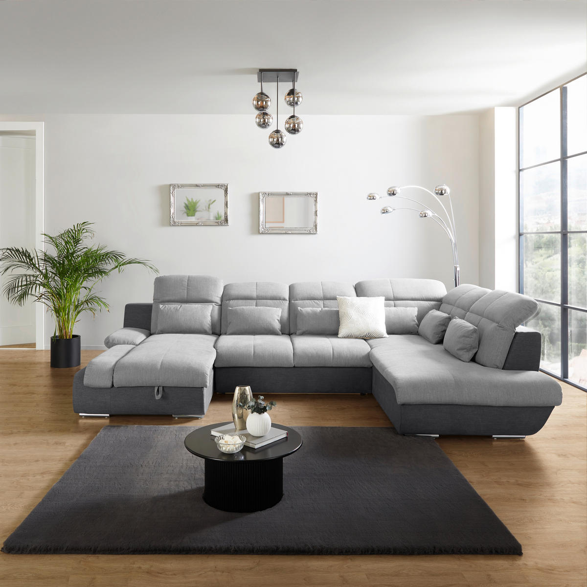 WOHNLANDSCHAFT Grau, Hellgrau, Dunkelgrau Mikrofaser  - Chromfarben/Dunkelgrau, MODERN, Textil/Metall (184/345/228cm) - MID.YOU