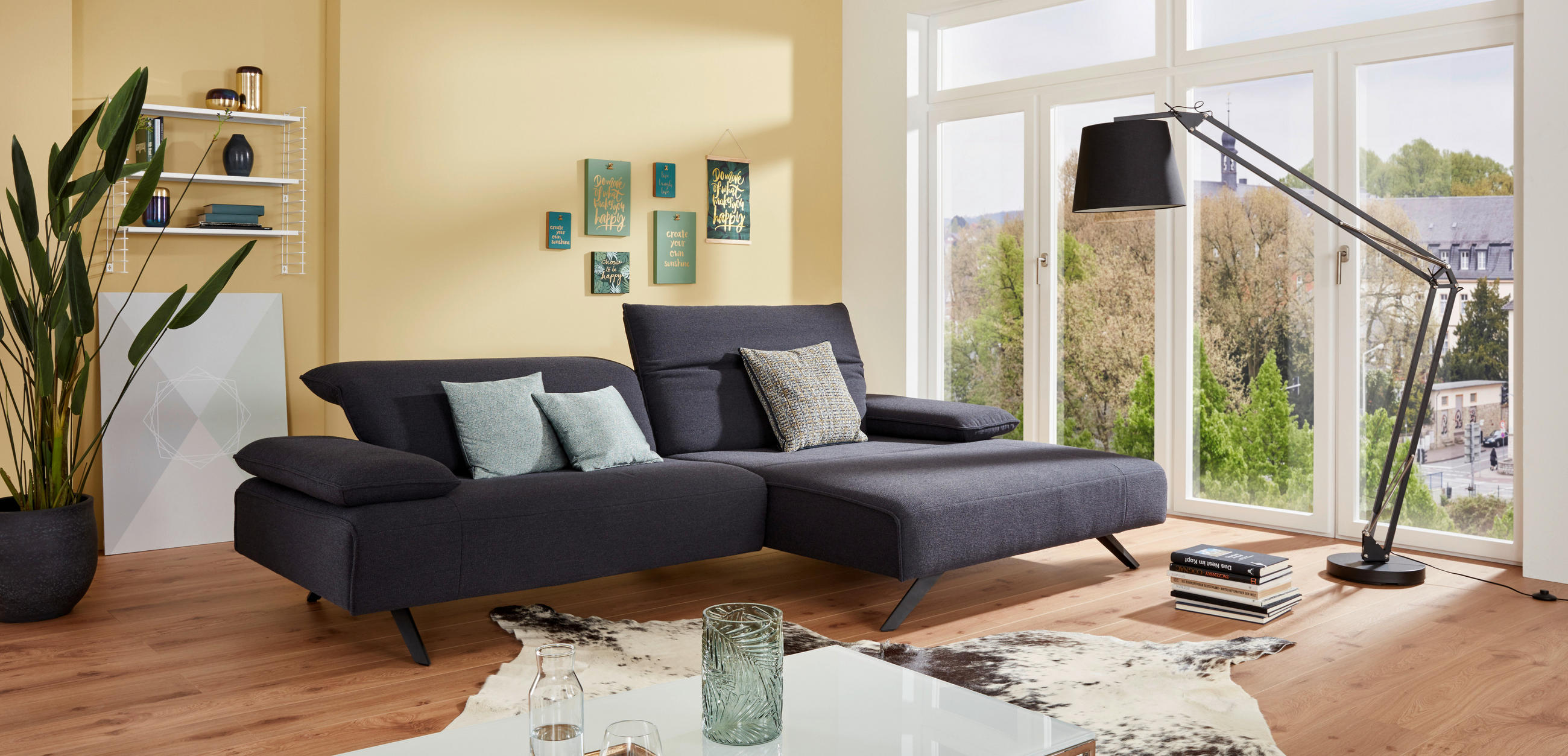 ECKSOFA in Flachgewebe Dunkelblau  - Anthrazit/Dunkelblau, Design, Textil/Metall (164/280cm) - Johann Jakob