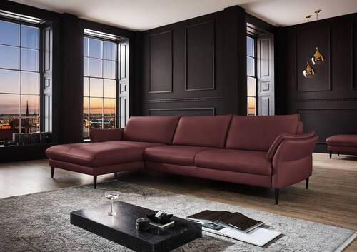 ECKSOFA Beere Echtleder  - Beere/Schwarz, Design, Leder/Metall (172/334cm) - Hukla