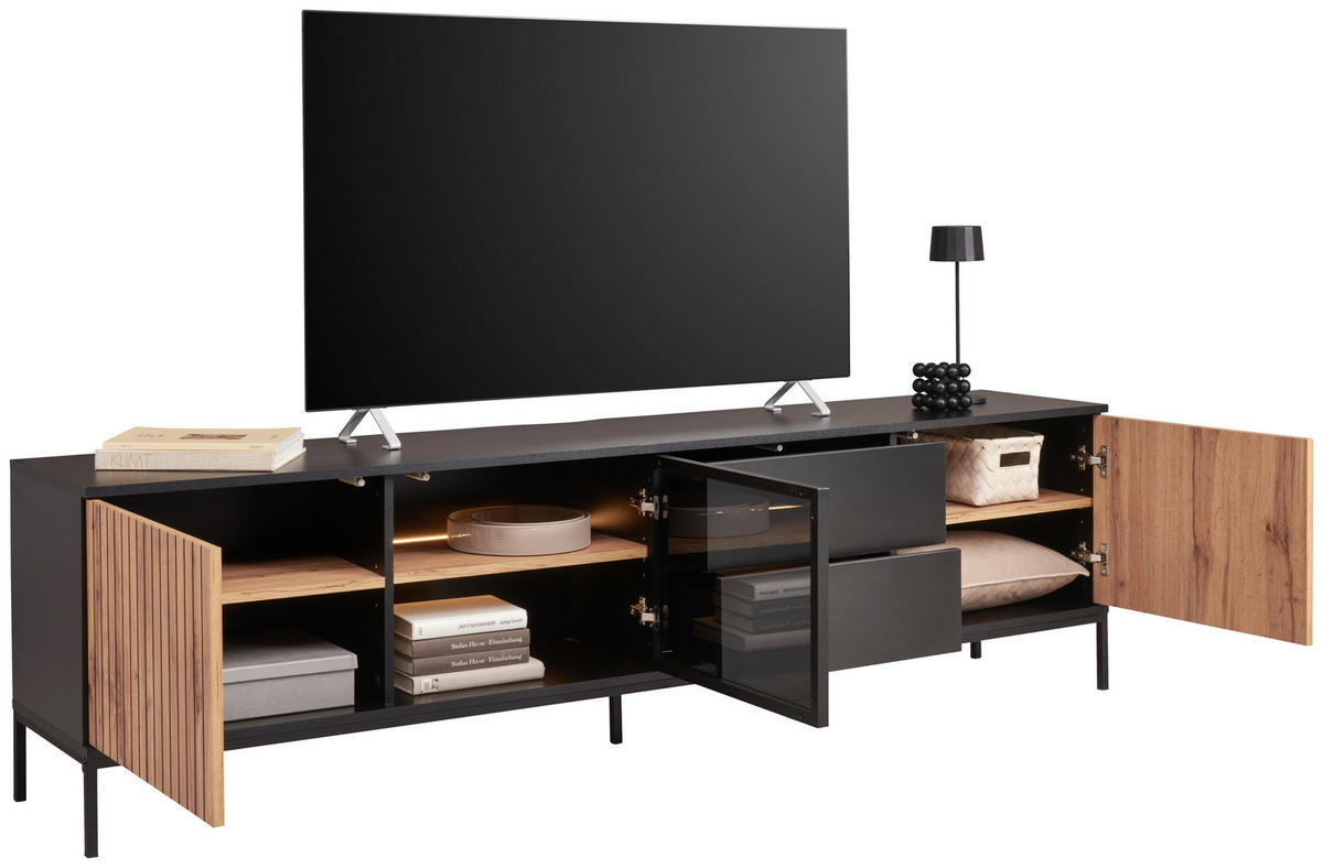 LOWBOARD  in 205,8/56/38 cm  - Eiche Wotan/Schwarz, KONVENTIONELL, Glas/Holzwerkstoff (205,8/56/38cm) - Xora