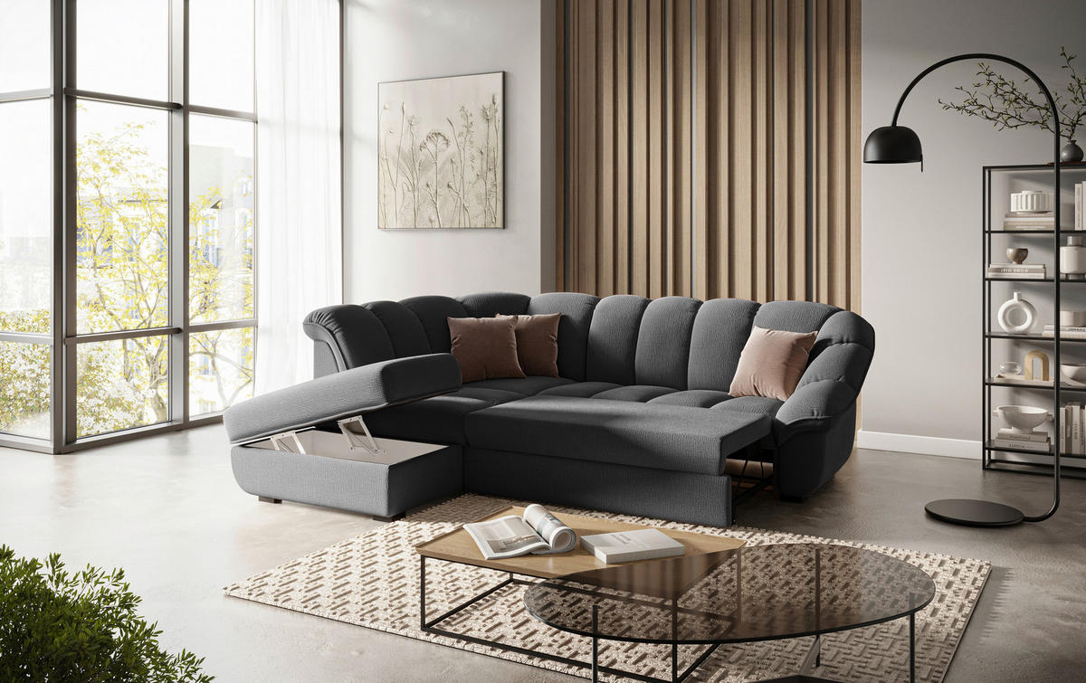 ECKSOFA Schwarz Chenille Bettkasten, Schlaffunktion, Rücken echt  - Schwarz, KONVENTIONELL, Kunststoff/Textil (222/260cm) - Welnova