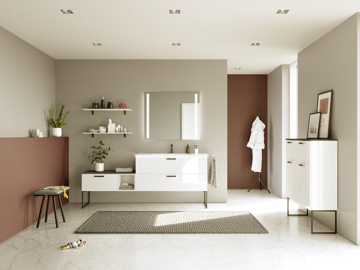 BADEZIMMER 3-teilig  in 81 cm  - Edelstahlfarben/Weiß Hochglanz, MODERN, Holzwerkstoff/Stein (81cm) - Nobilia