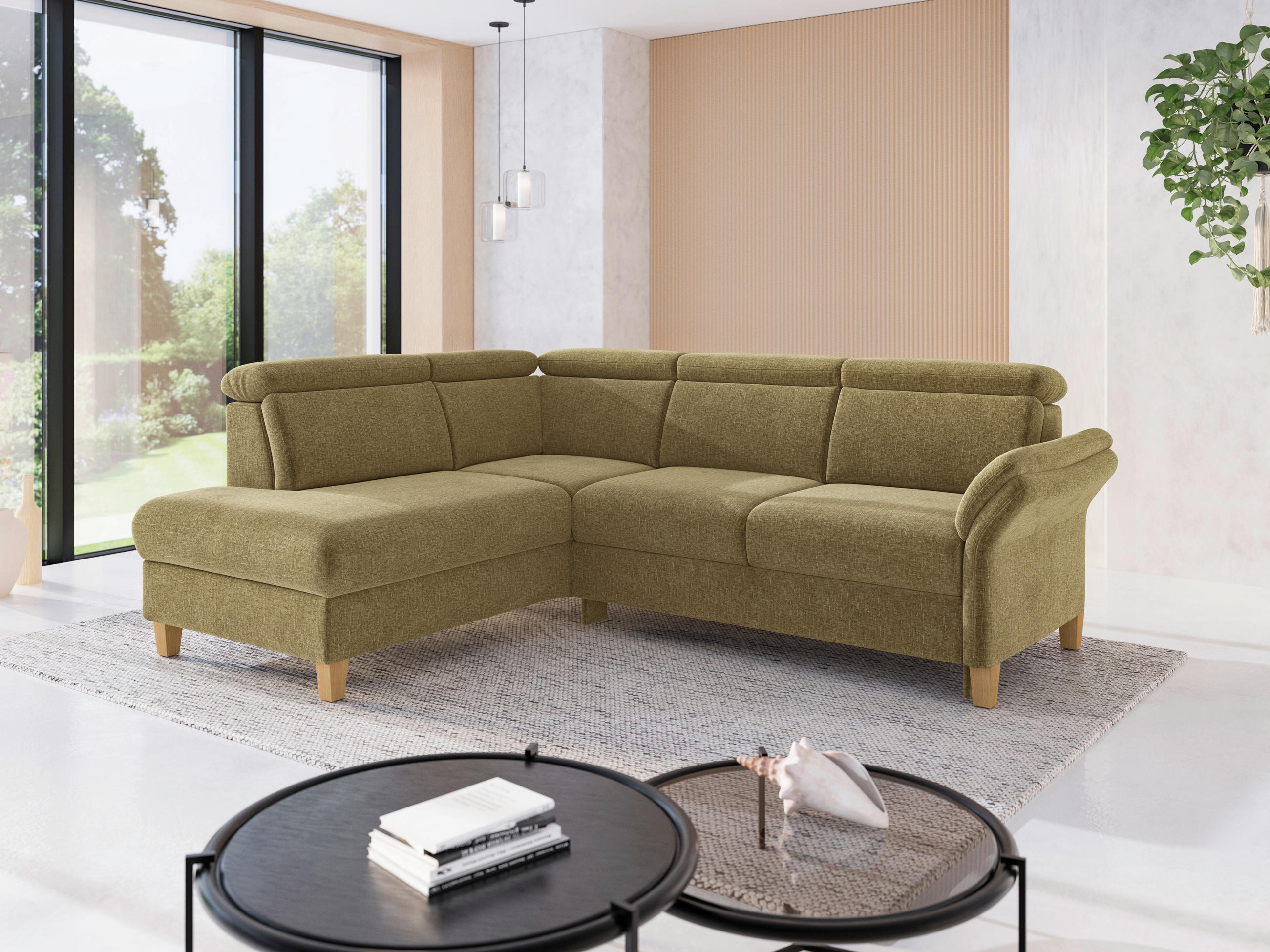 ECKSOFA GLENDALE E Olivgrün Flachgewebe  - Eichefarben/Olivgrün, KONVENTIONELL, Holz/Textil (193/247cm) - Sit & More