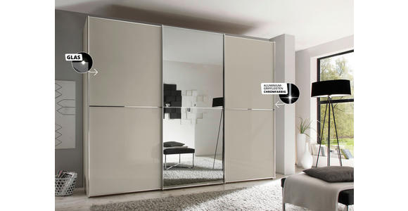 SCHWEBETÜRENSCHRANK 298/240/68 cm 3-türig Sandfarben  - Sandfarben/Chromfarben, Design, Glas/Holzwerkstoff (298/240/68cm) - Moderano