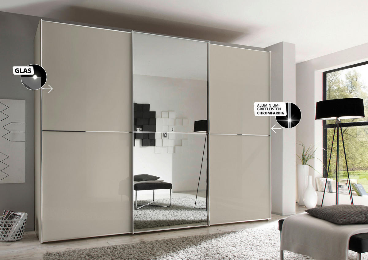 SCHWEBETÜRENSCHRANK 3-türig Sandfarben  - Sandfarben/Chromfarben, Design, Glas/Holzwerkstoff (249/240/68cm) - Moderano