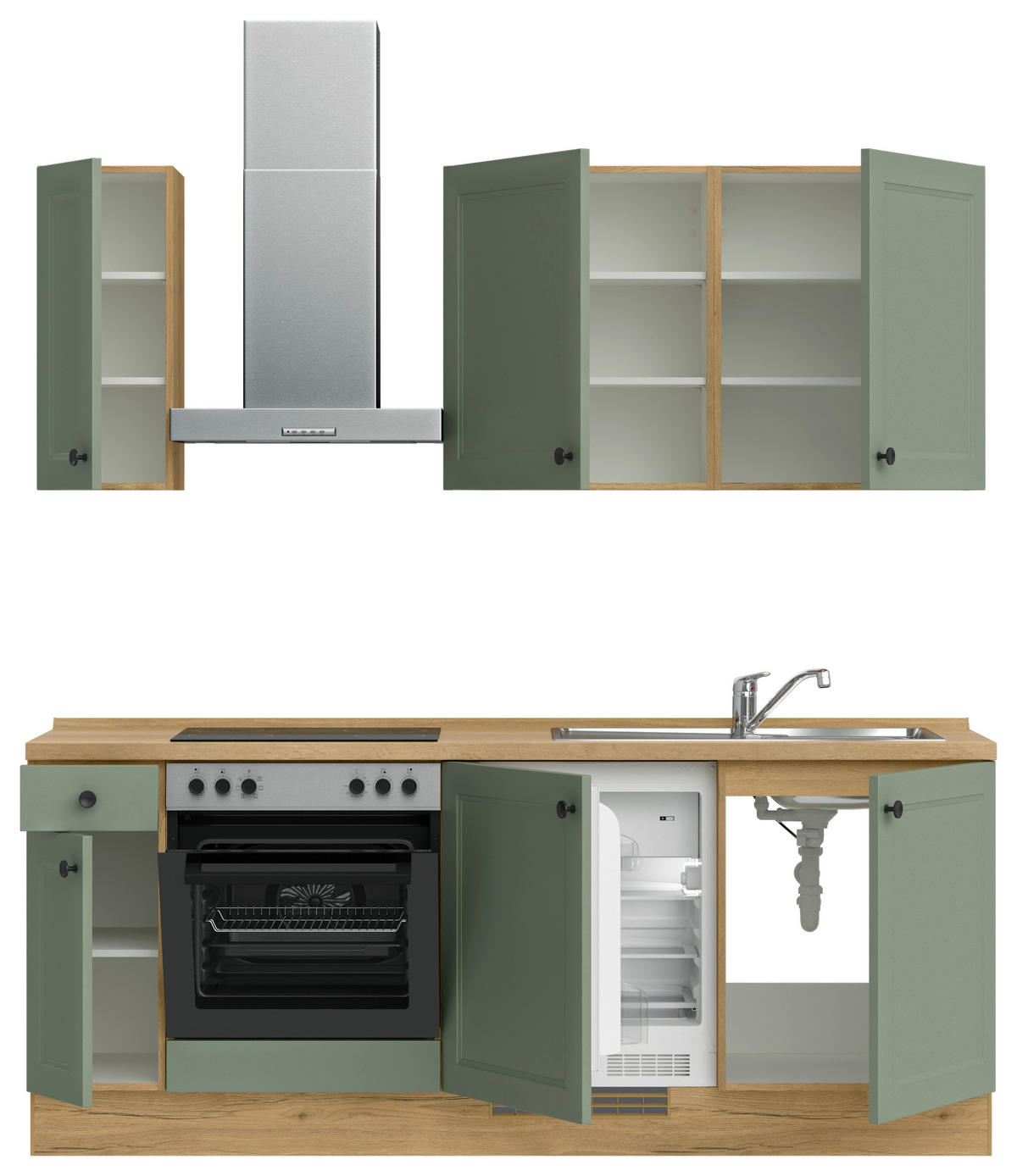 KÜCHENBLOCK Cascada 210 cm  in Grün, Eichefarben  - Eichefarben/Schwarz, MODERN, Holzwerkstoff/Metall (210cm) - Nobilia
