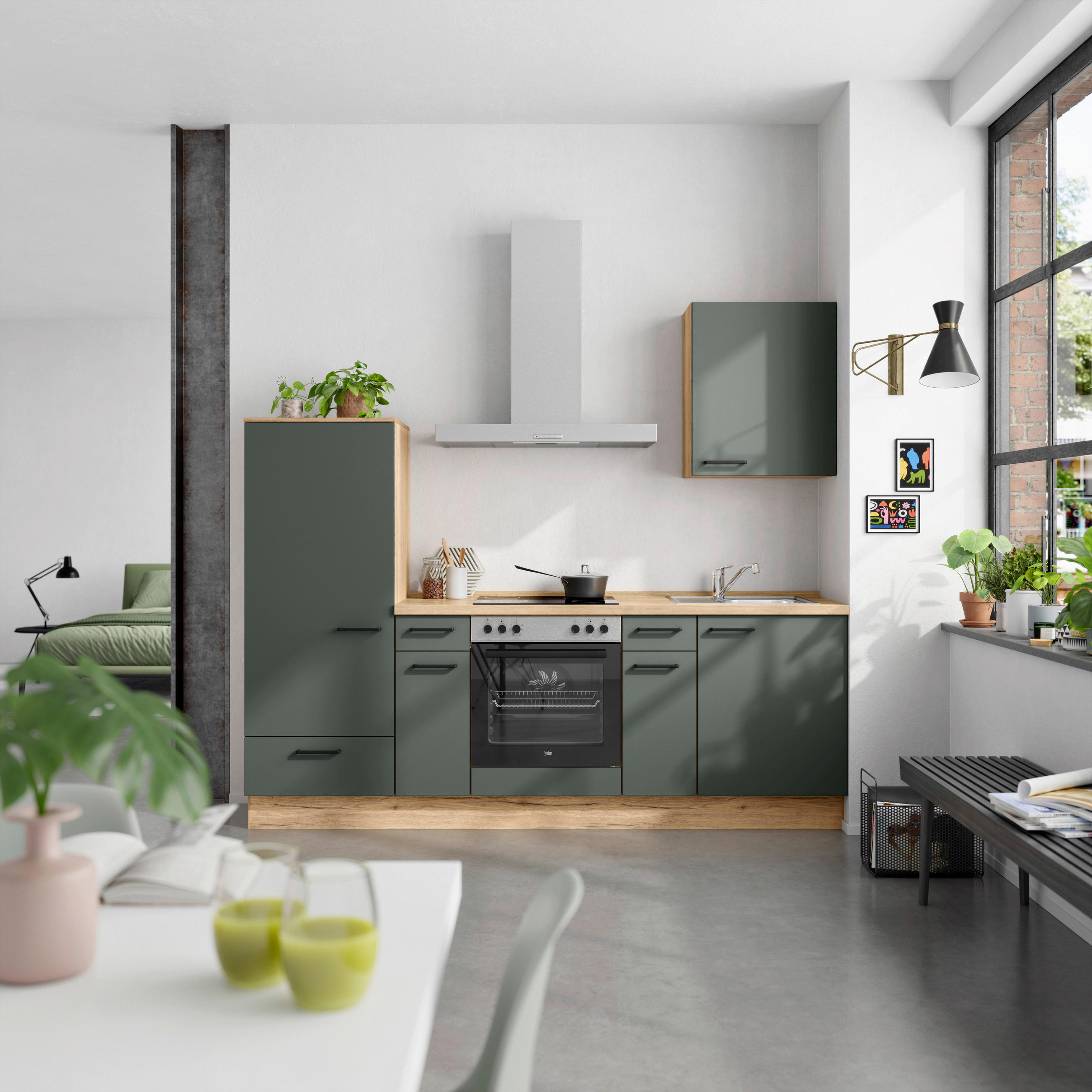 KÜCHENBLOCK Easytouch 240 cm  in Eichefarben, Dunkelgrün  - Dunkelgrün/Eichefarben, MODERN, Holzwerkstoff/Metall (240cm) - Nobilia