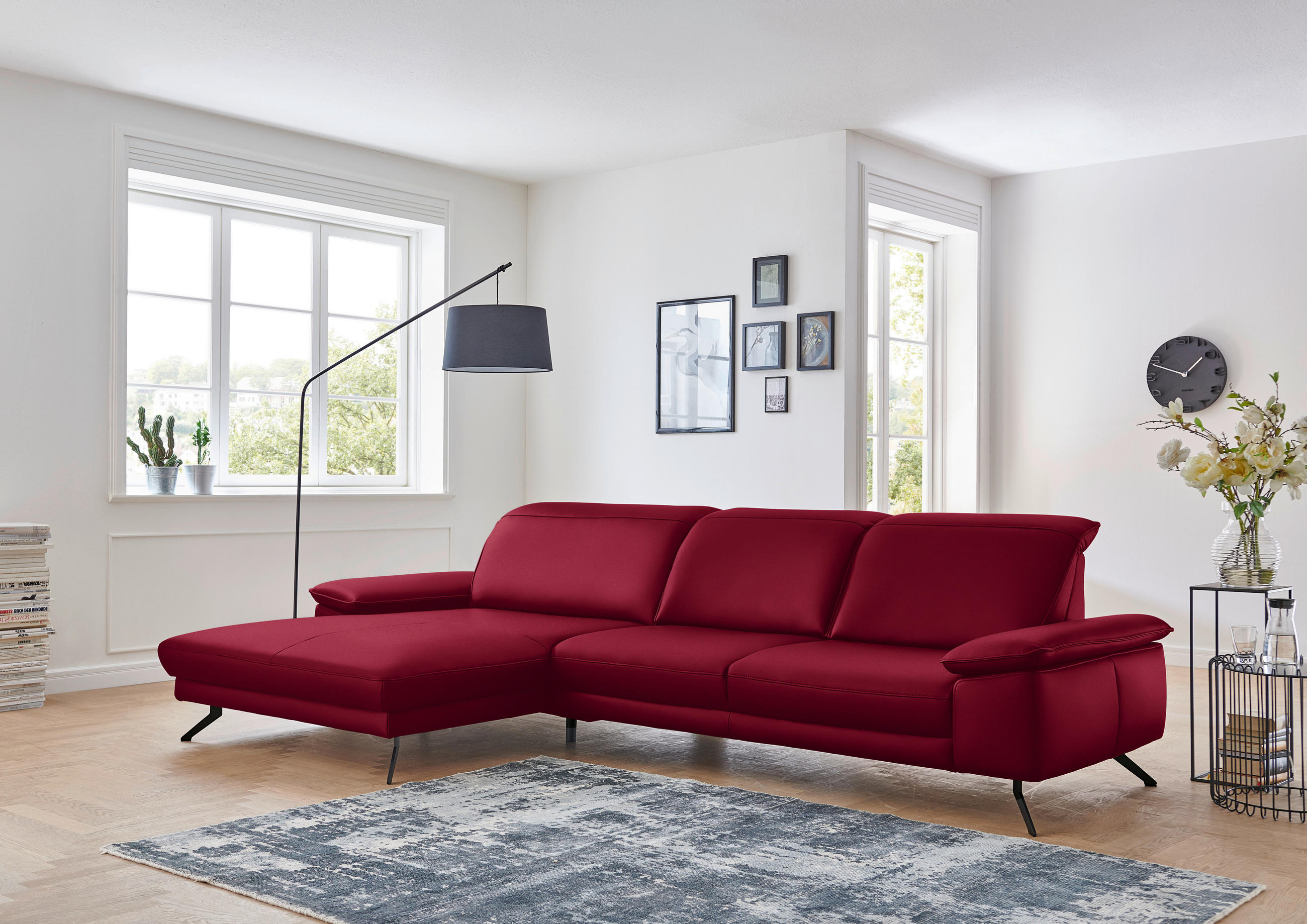 ECKSOFA in Echtleder Rot  - Rot/Schwarz, Design, Leder/Metall (193/328cm) - Dieter Knoll