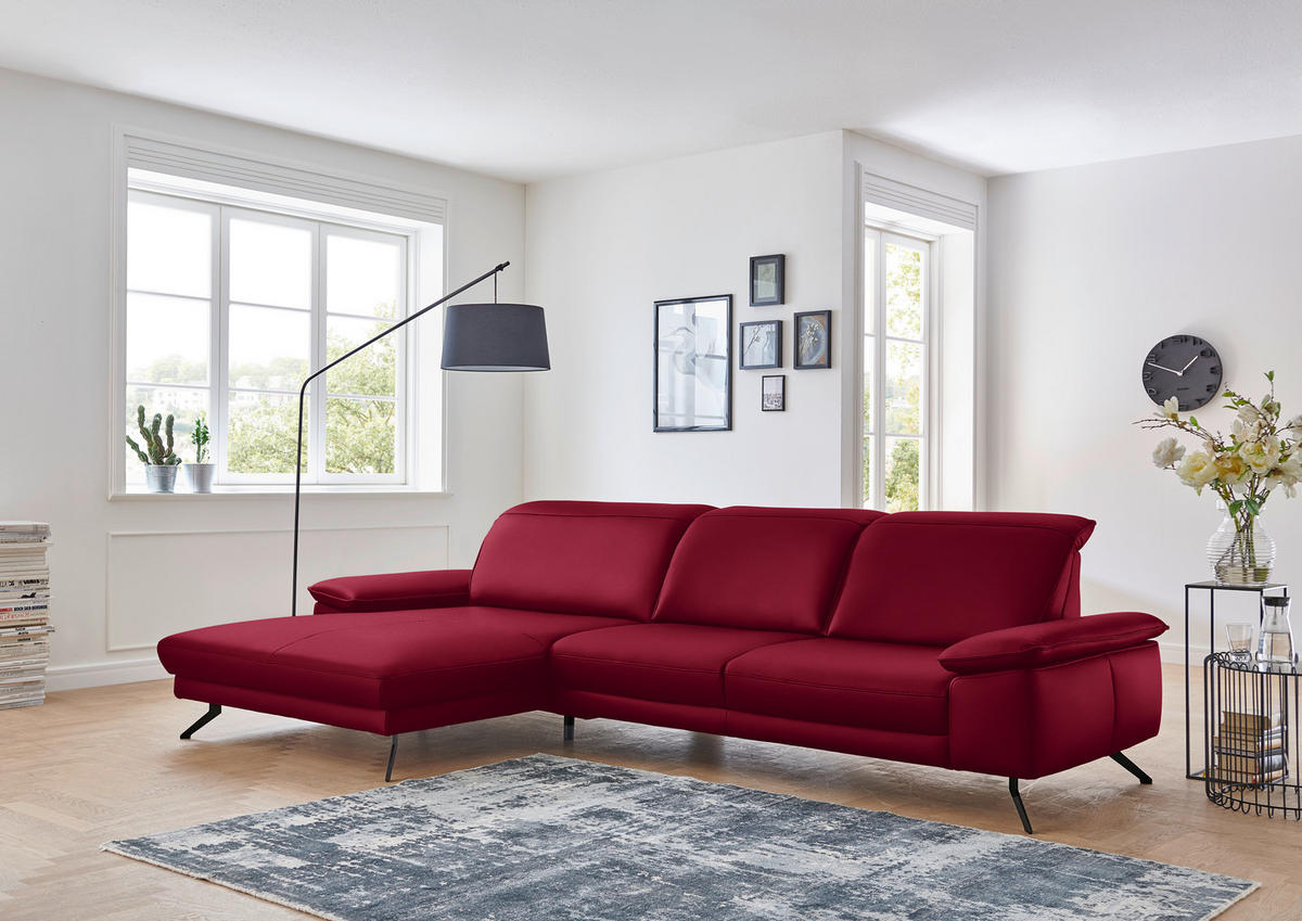 ECKSOFA in Echtleder Rot  - Rot/Schwarz, Design, Leder/Metall (193/328cm) - Dieter Knoll