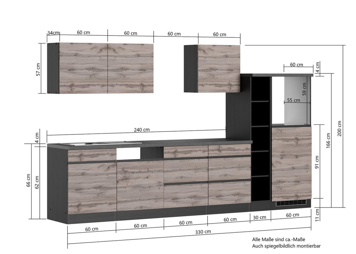 KÜCHENLEERBLOCK 330 cm   in Graphitfarben, Eiche Wotan  - Eiche Wotan/Graphitfarben, Design, Holzwerkstoff (330cm) - Held