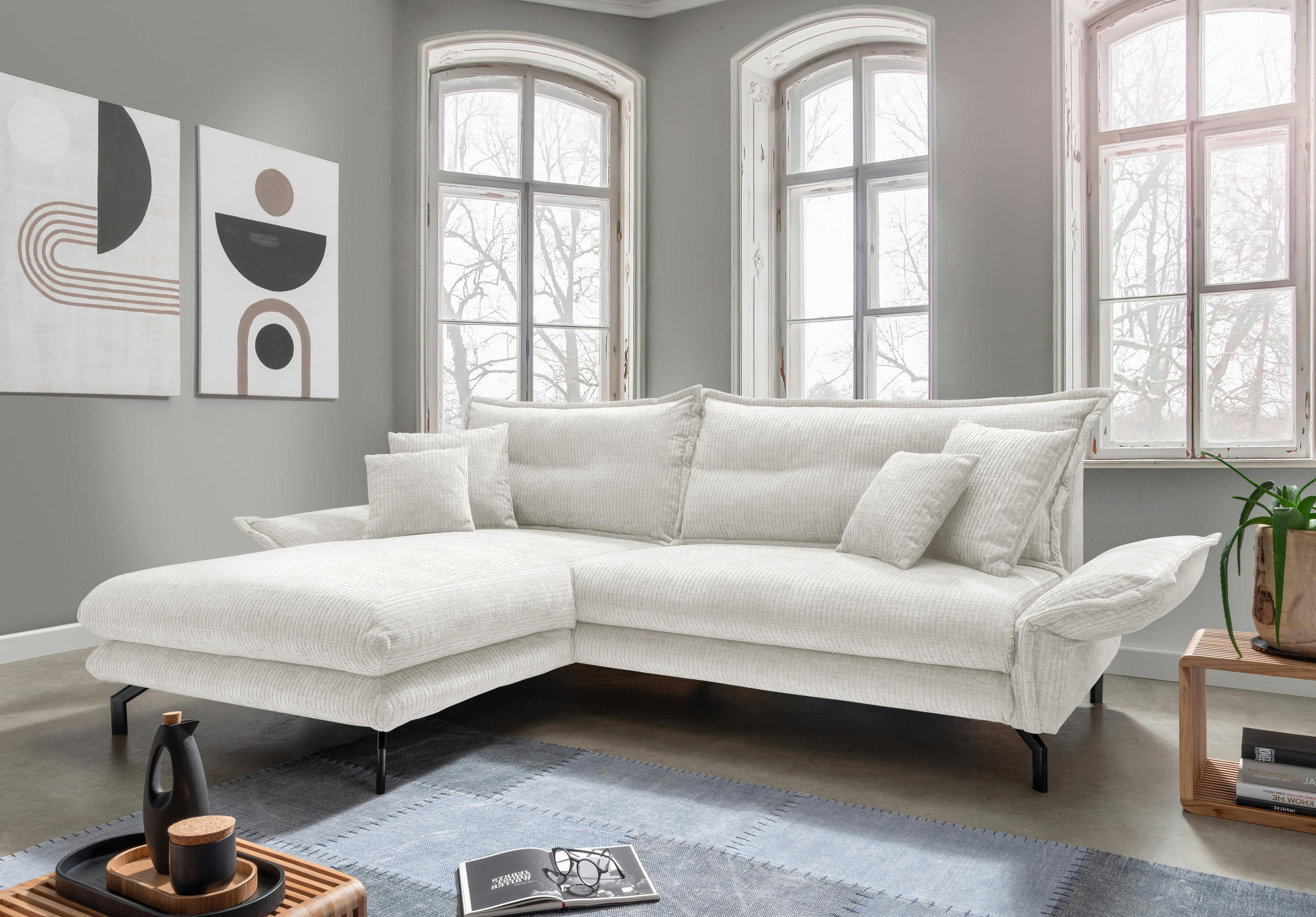 ECKSOFA in Velours Creme  - Creme/Schwarz, Design, Textil/Metall (180/255cm) - Livetastic