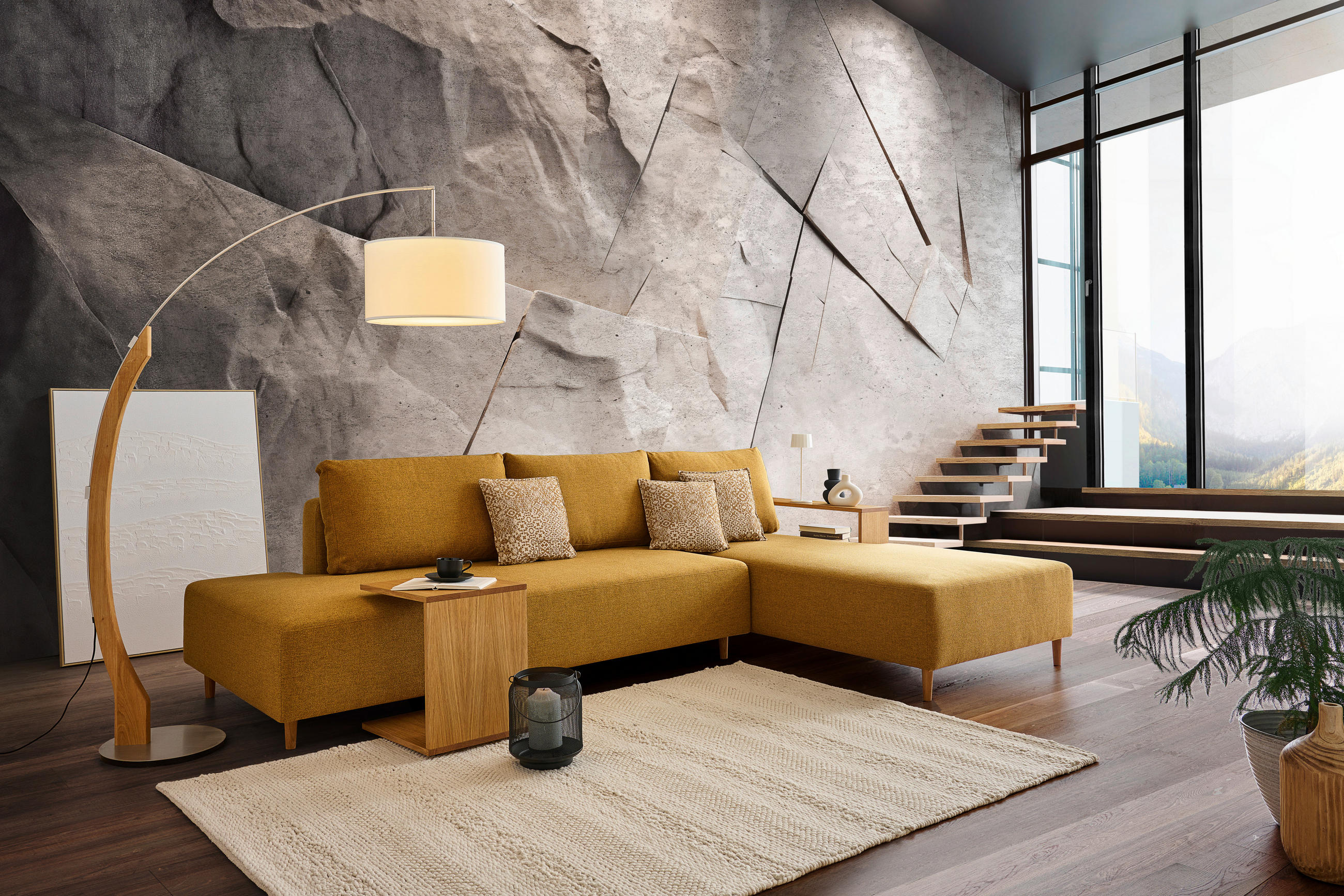 ECKSOFA in Flachgewebe Gelb  - Eichefarben/Gelb, Design, Holz/Textil (307/190cm) - Joka