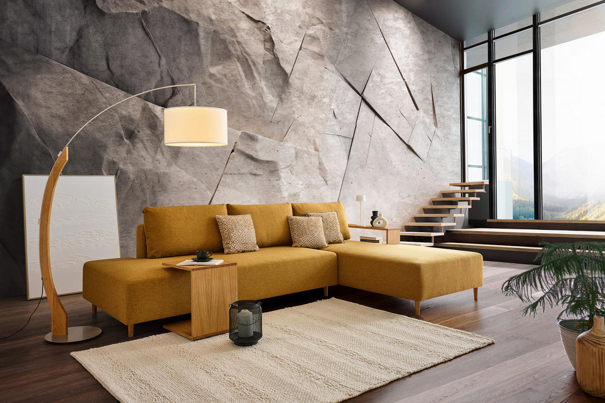 ECKSOFA in Flachgewebe Gelb  - Eichefarben/Gelb, Design, Holz/Textil (307/190cm) - Joka