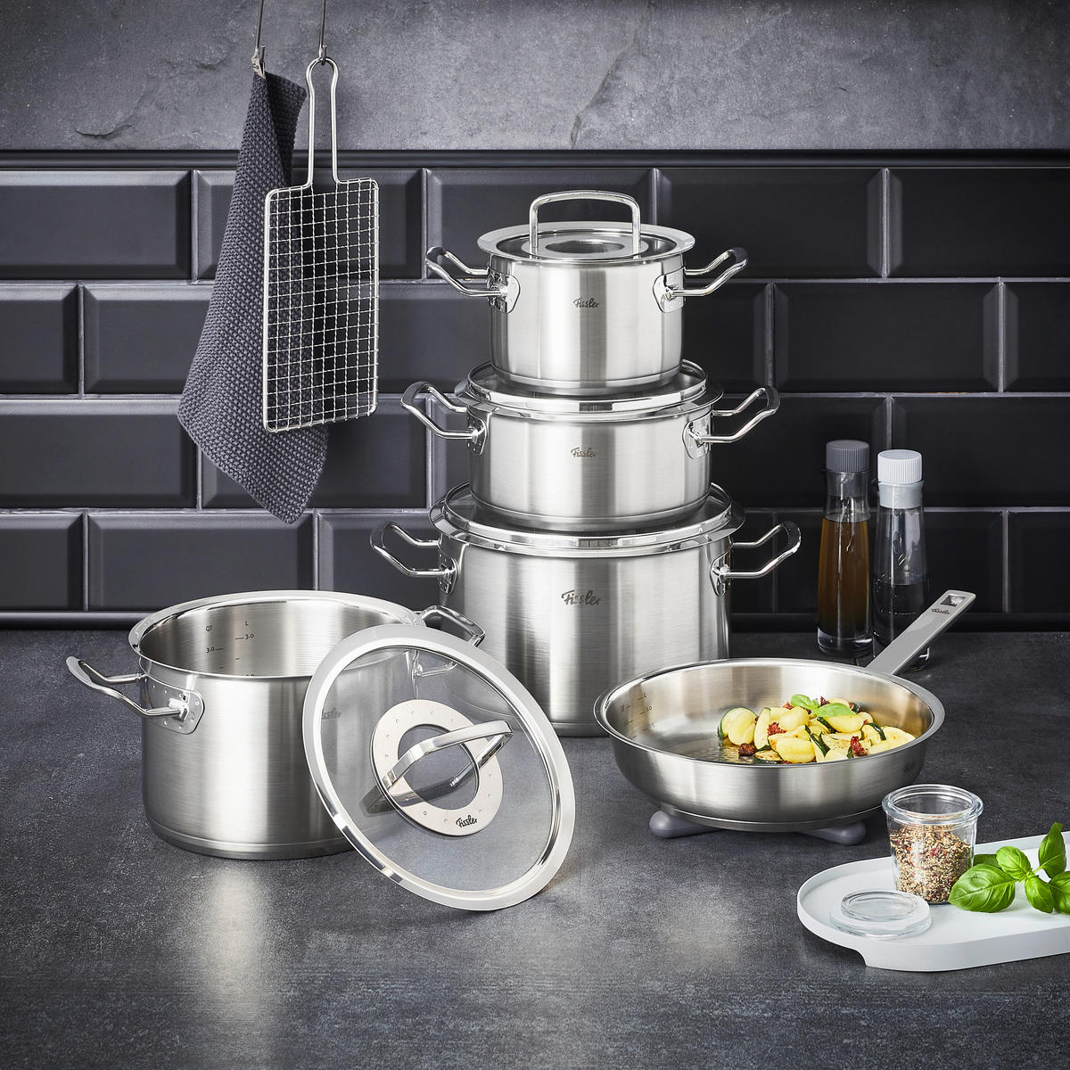 KOCHTOPFSET ORIGINAL-PROFI COLLECTION® 5-teilig  - Silberfarben, Basics, Glas/Metall - Fissler