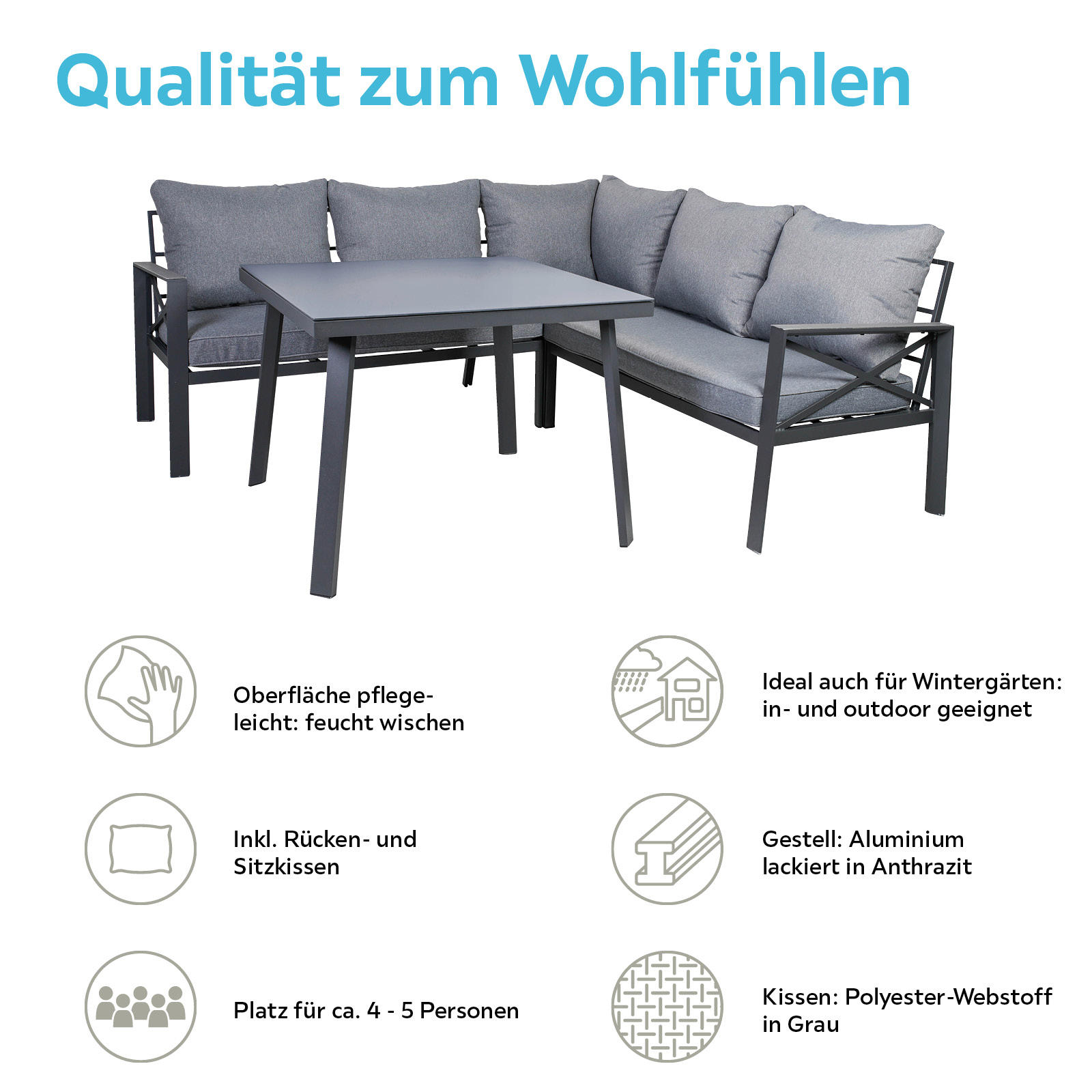 LOUNGEGARNITUR Aluminium  - Anthrazit, Basics, Glas/Textil (131,5/77/72cm) - Gardenson