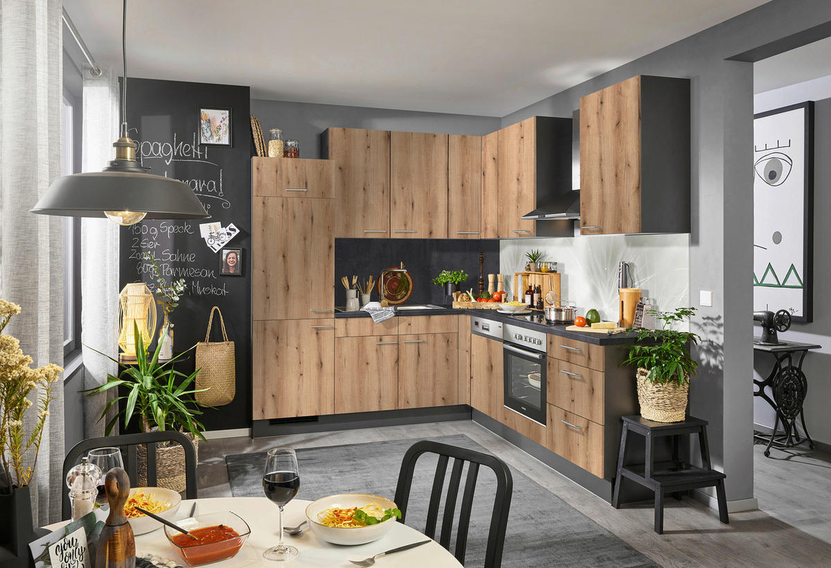 ECKKÜCHE 225/245 cm  in Graphitfarben, Eichefarben  - Eichefarben/Alufarben, KONVENTIONELL, Holzwerkstoff (225/245cm) - Xora