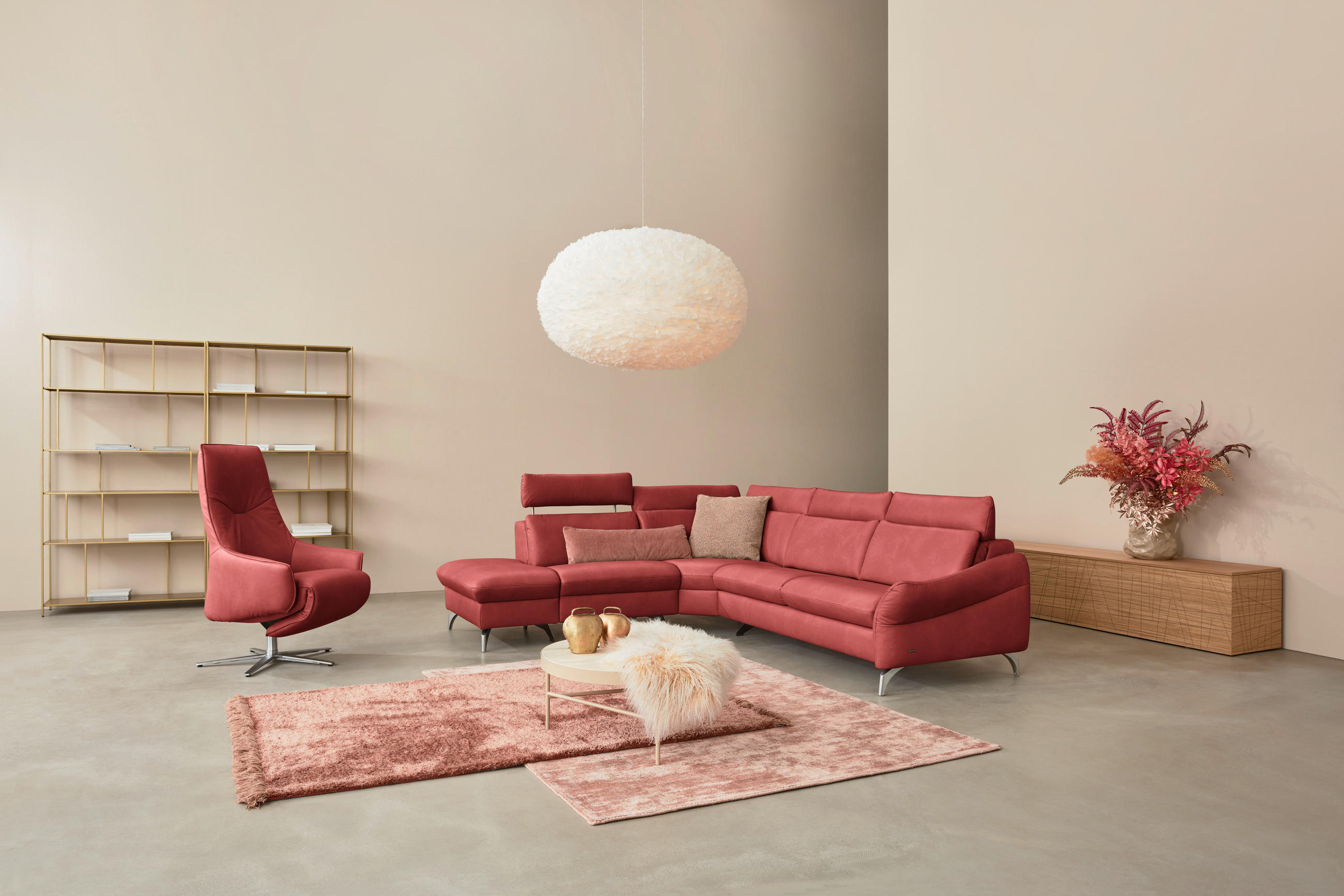 ECKSOFA in Echtleder Rot  - Edelstahlfarben/Rot, Konventionell, Leder/Metall (242/296cm) - Himolla Komfortklass