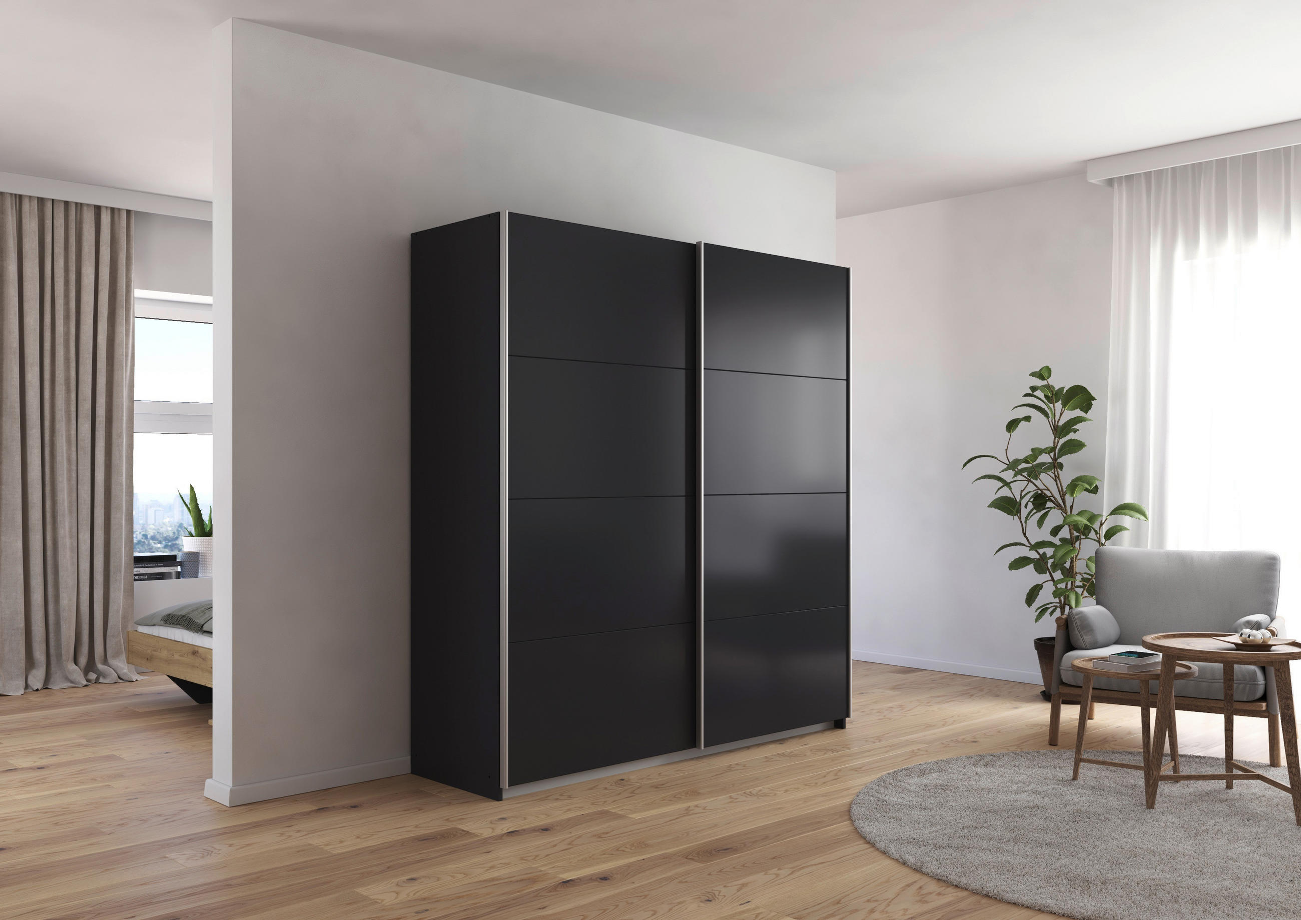 SCHWEBETÜRENSCHRANK 181/197/61 cm 2-türig Graphitfarben - Graphitfarben/Alufarben, MODERN, Holzwerkstoff/Metall (181/197/61cm) - Rauch Möbel