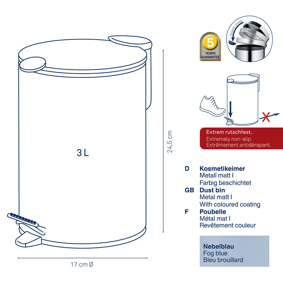 KOSMETIKEIMER MATS 3 L  - Pastellblau/Schwarz, Basics, Kunststoff/Metall (17,0/23,0cm) - Kela