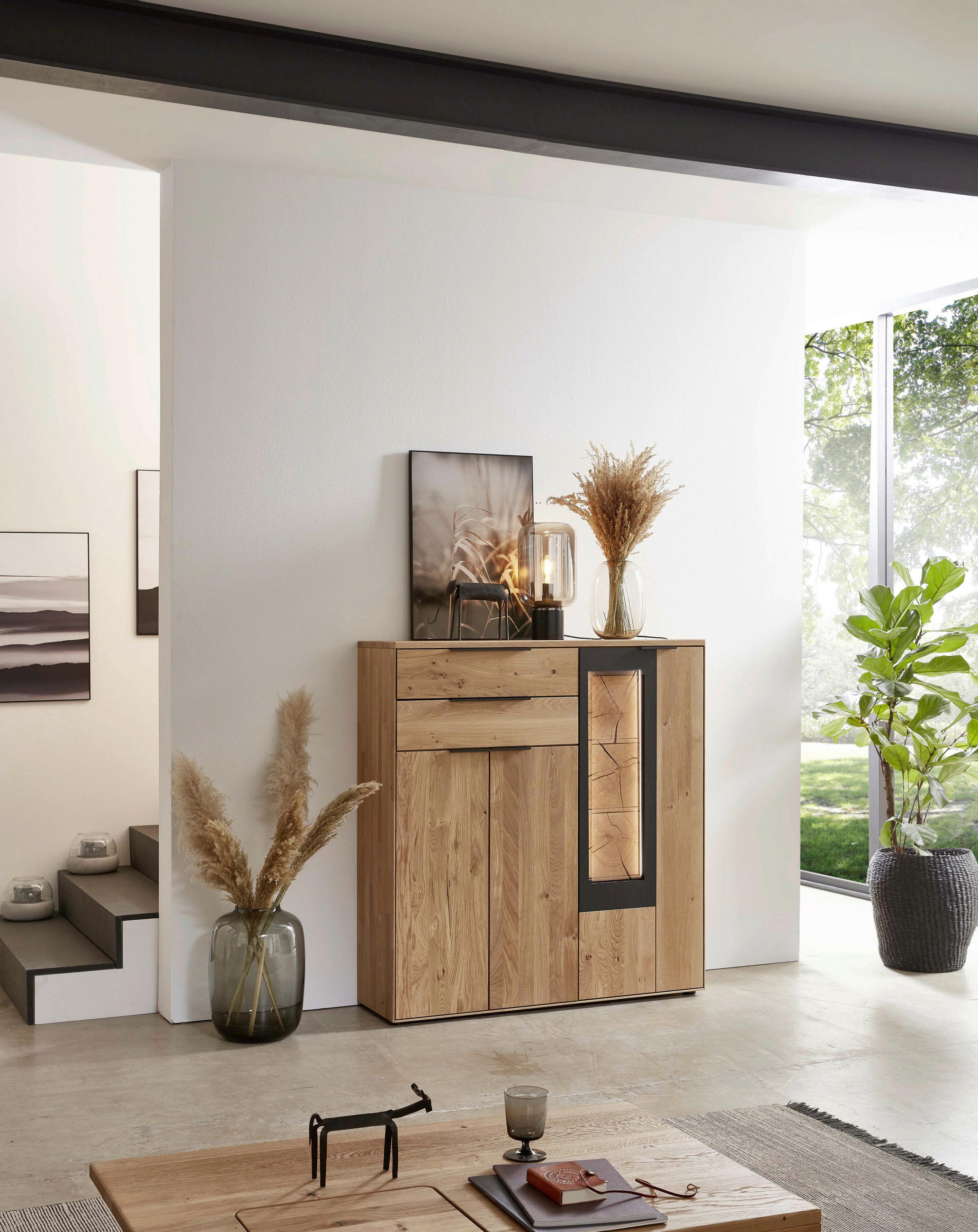 HIGHBOARD Schwarz, Eichefarben  123,9/133,6/37 cm  - Eichefarben/Schwarz, Design, Holz (123,9/133,6/37cm) - Valdera