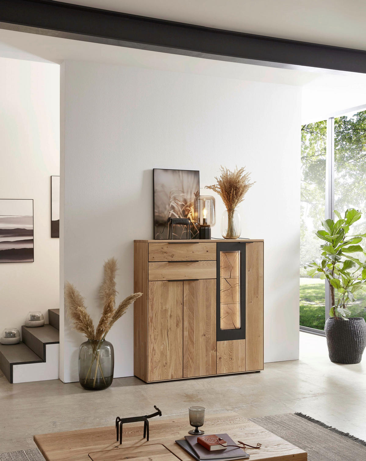 HIGHBOARD Schwarz, Eichefarben  123,9/133,6/37 cm  - Eichefarben/Schwarz, Design, Holz (123,9/133,6/37cm) - Valdera