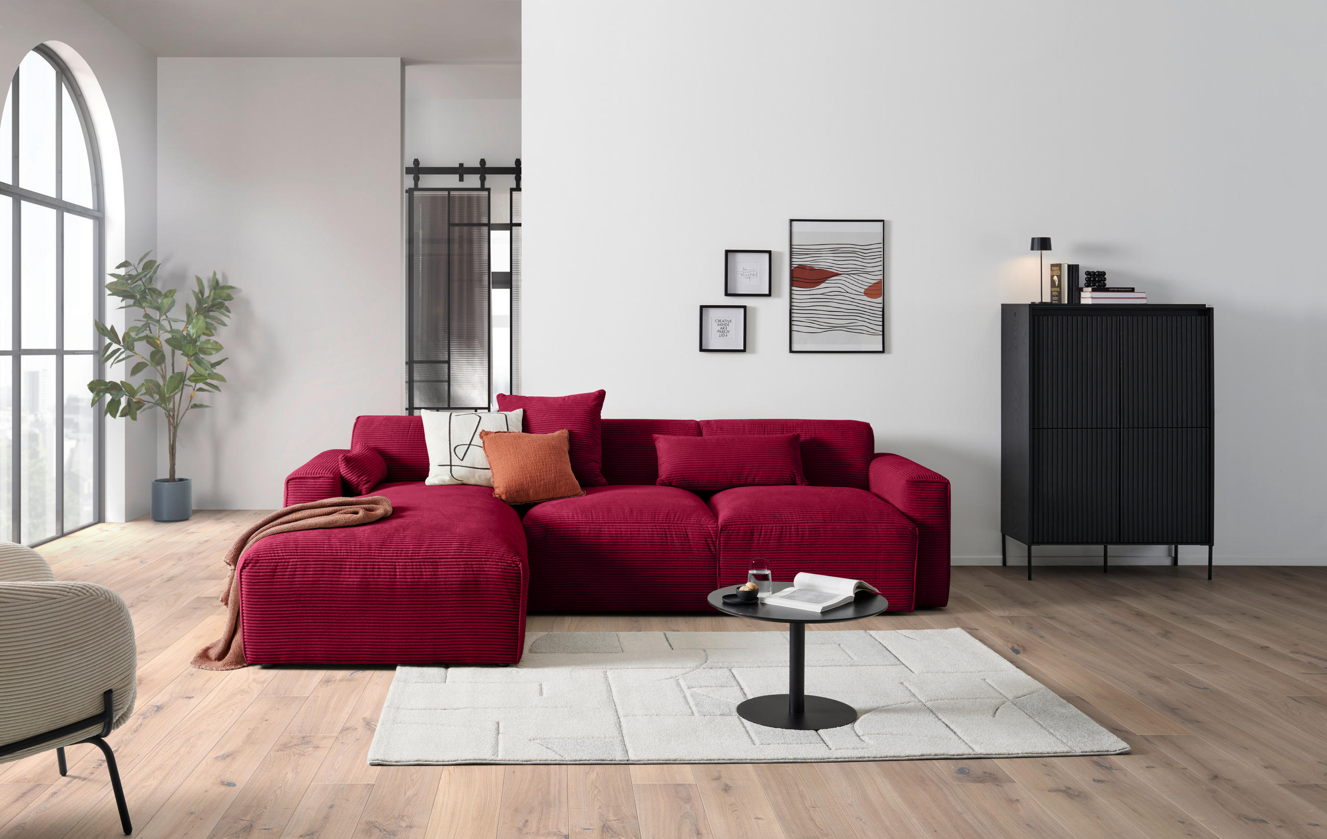 ECKSOFA in Cord Rot  196/303 cm  - Rot/Schwarz, Design, Kunststoff/Textil (196/303cm) - Livetastic