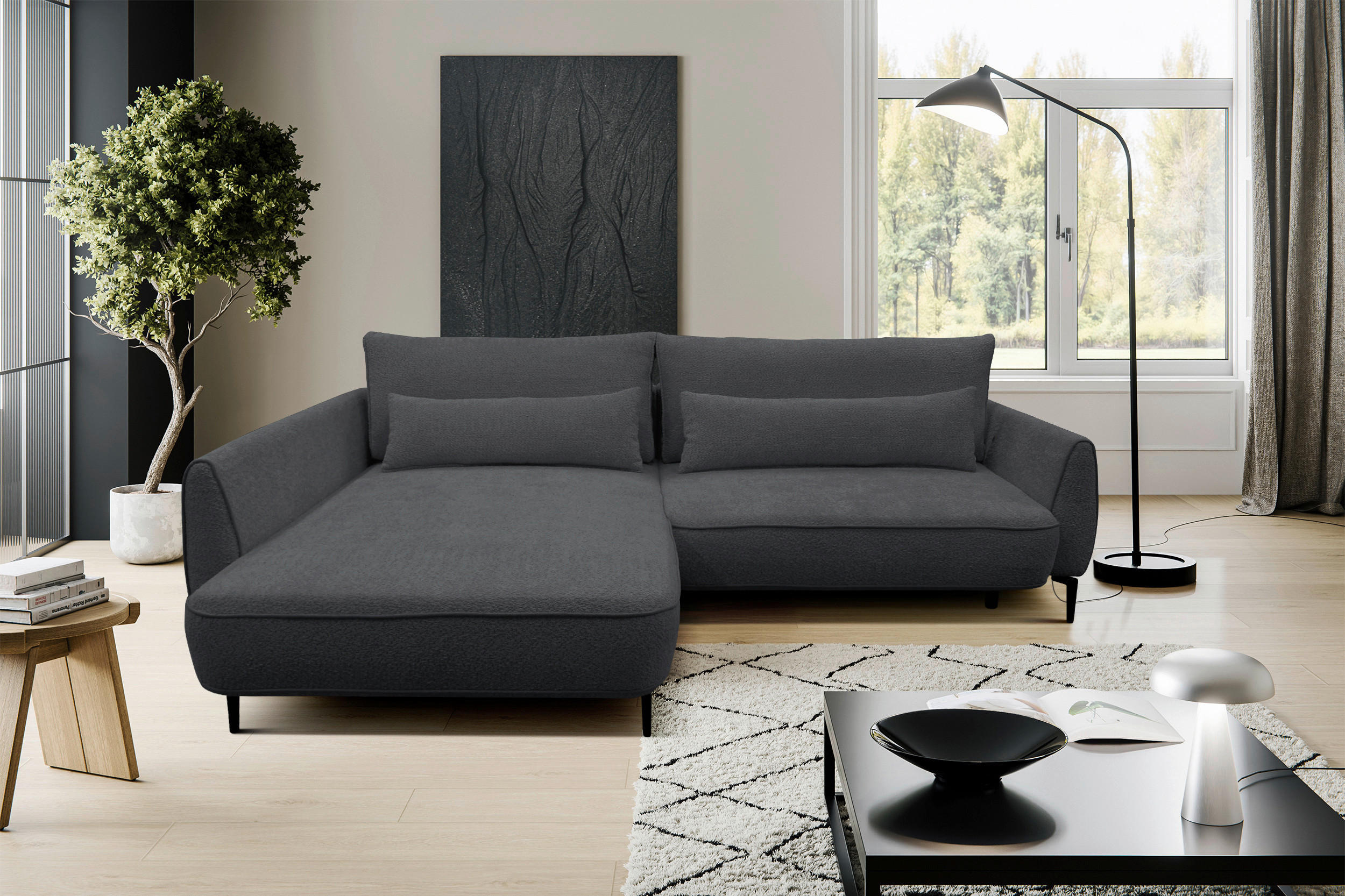 ECKSOFA ABRIAMO Dunkelgrau Bouclé Bettkasten, Schlaffunktion  - Dunkelgrau/Creme, Design, Textil/Metall (204/273cm) - MID.YOU