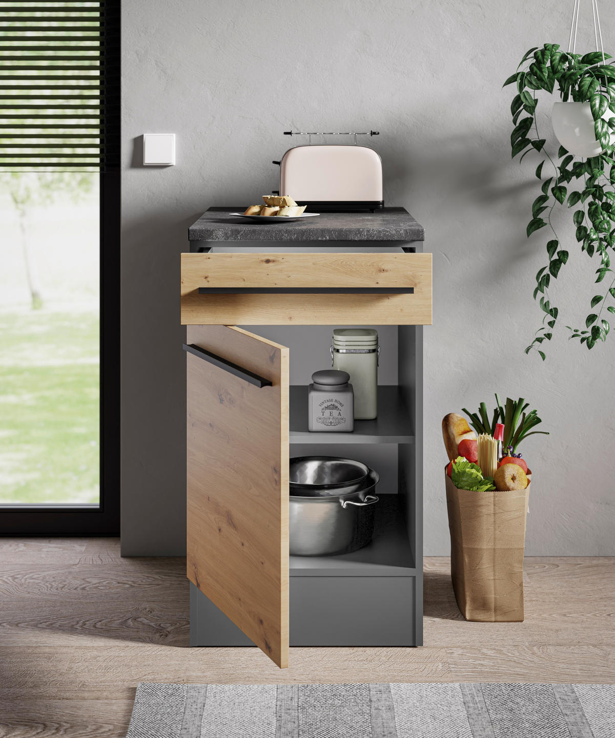KÜCHENUNTERSCHRANK 50/90/60 cm  in Anthrazit, Eiche Artisan  - Anthrazit/Schwarz, Design, Holzwerkstoff/Kunststoff (50/90/60cm) - P & B