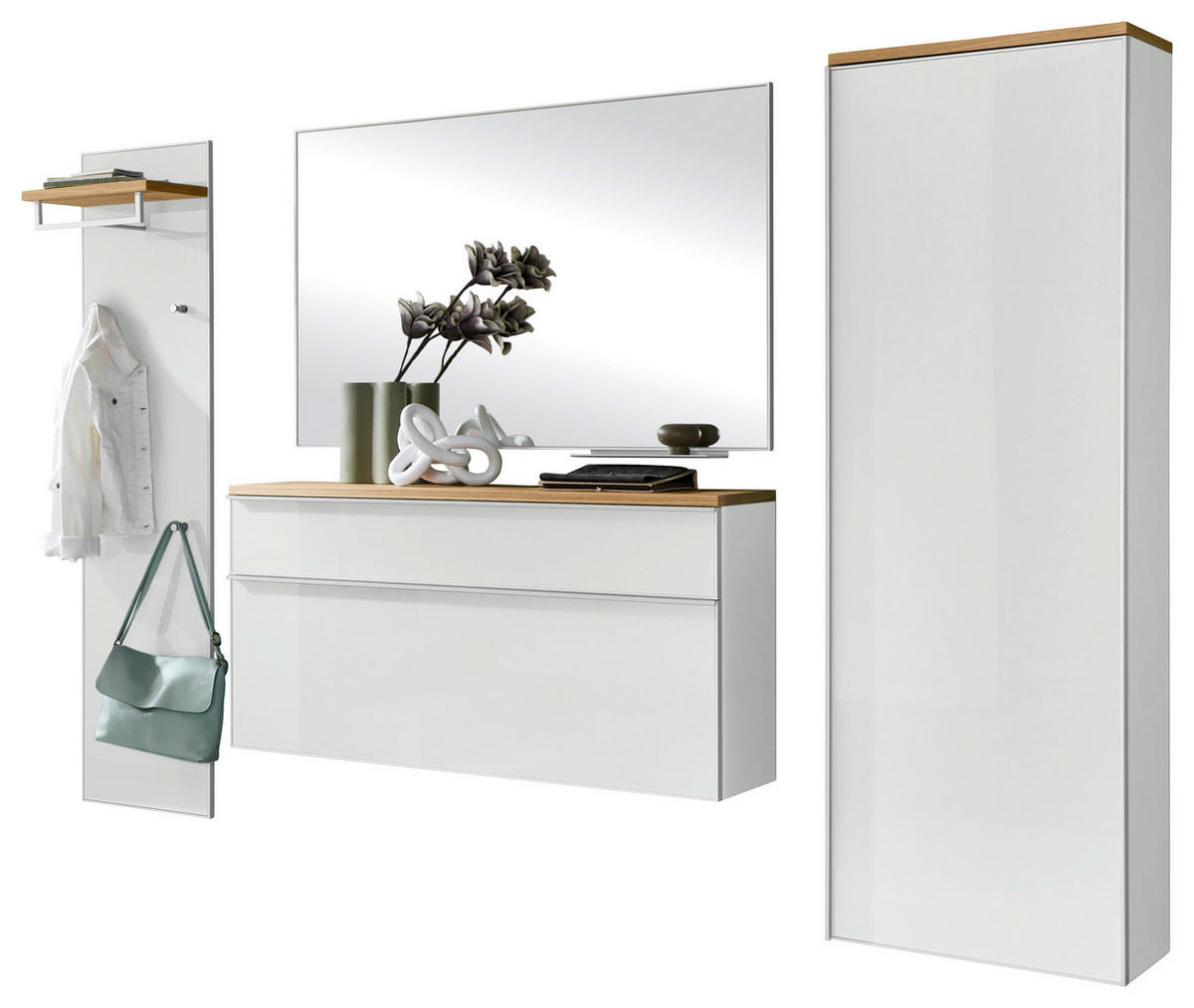 GARDEROBE 5-teilig  in 255/195/31 cm  - Weiss, Design, Glas/Holz (255/195/31cm)