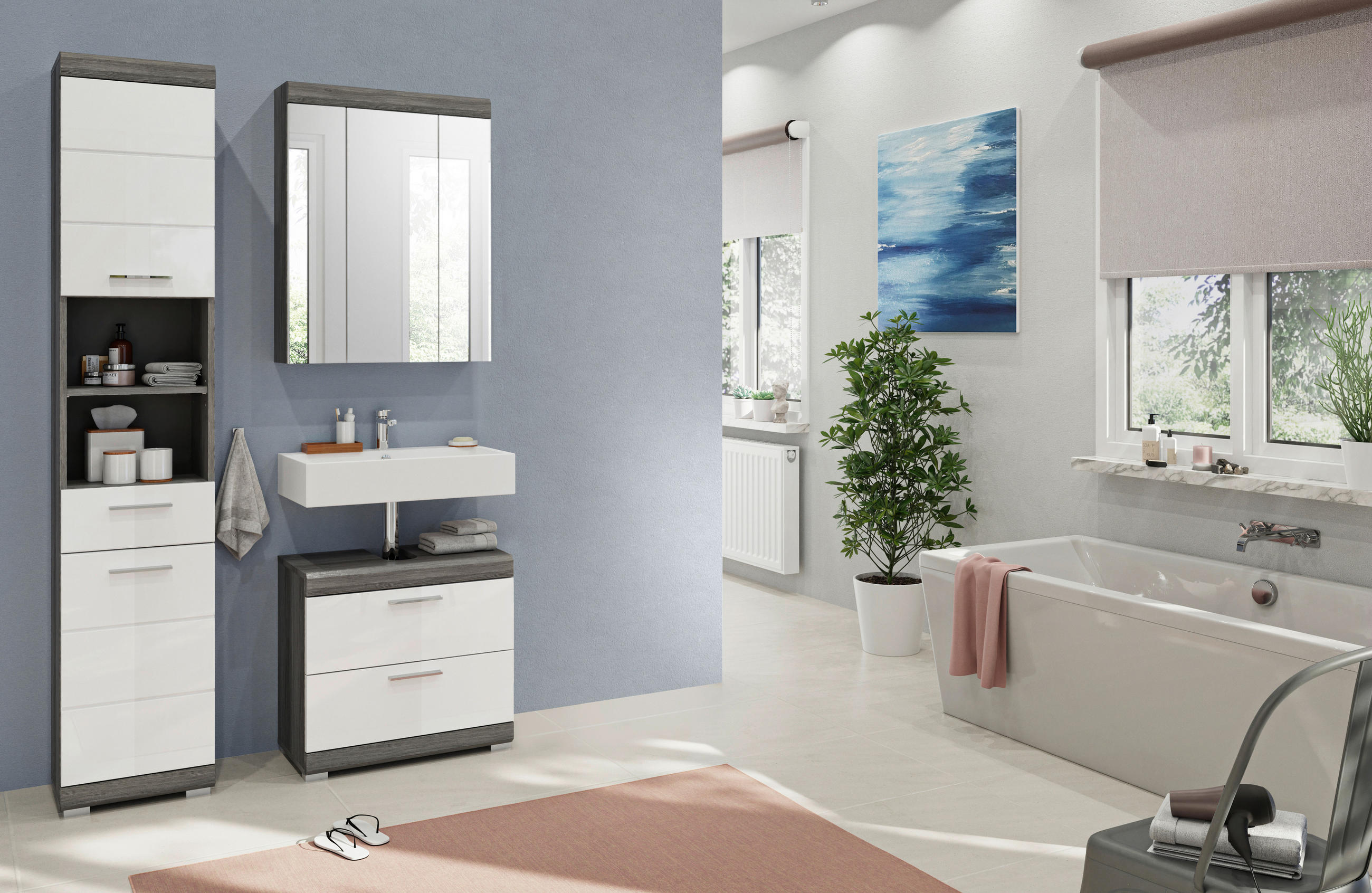 BADEZIMMER 3-teilig  in 97 cm  - Weiß Hochglanz/Grau, MODERN, Holzwerkstoff/Kunststoff (97cm) - MID.YOU