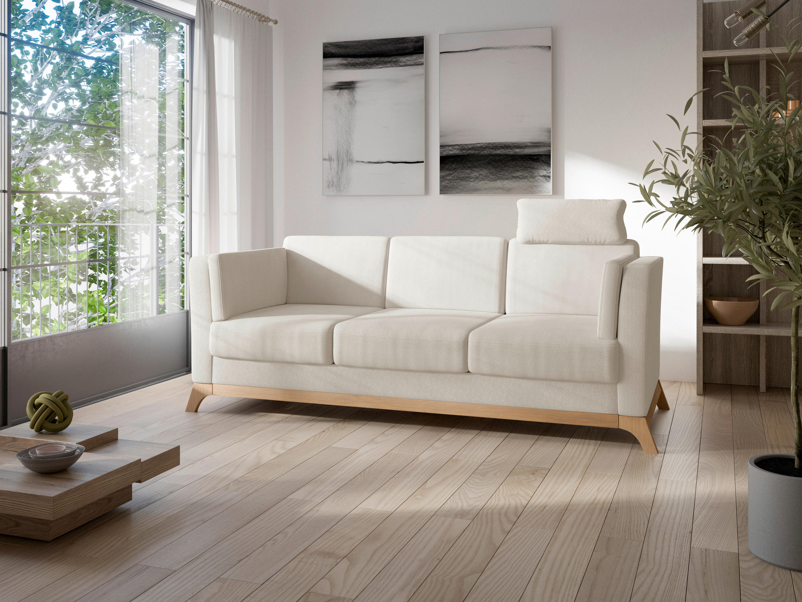 3-SITZER-SOFA in Flachgewebe Creme  - Eichefarben/Creme, KONVENTIONELL, Holz/Textil (213/84/93cm) - Sit & More