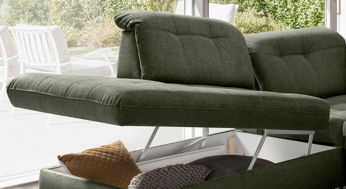WOHNLANDSCHAFT in Chenille Dunkelgrün  - Dunkelgrün/Schwarz, Modern, Textil/Metall (252/387/184cm) - Livetastic